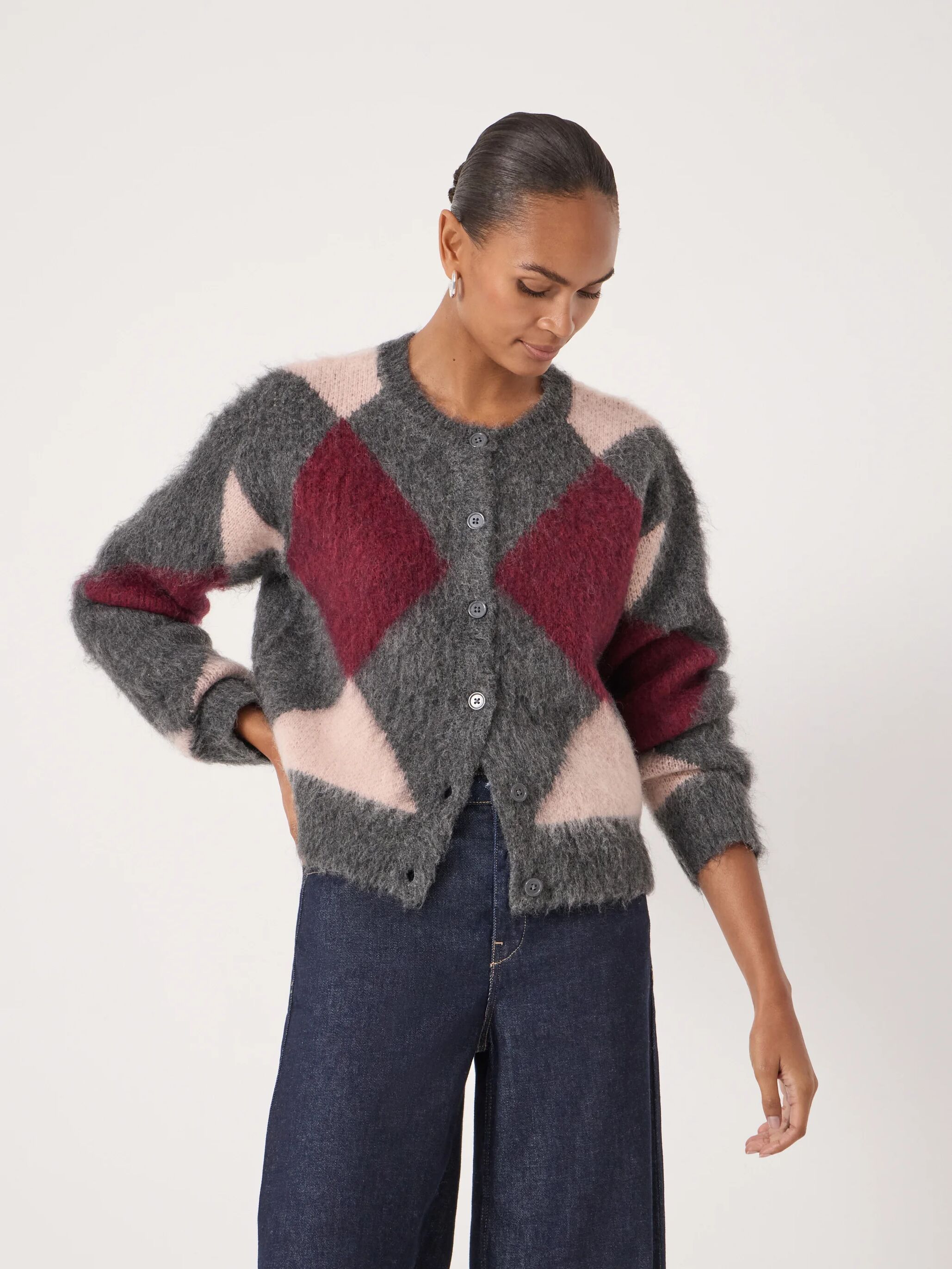 Brushed Argyle Alpaca Blend Cardigan