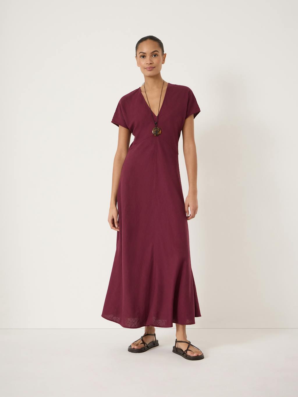 014721-3278-01 Grace Linen Blend V Neck Maxi Dress
