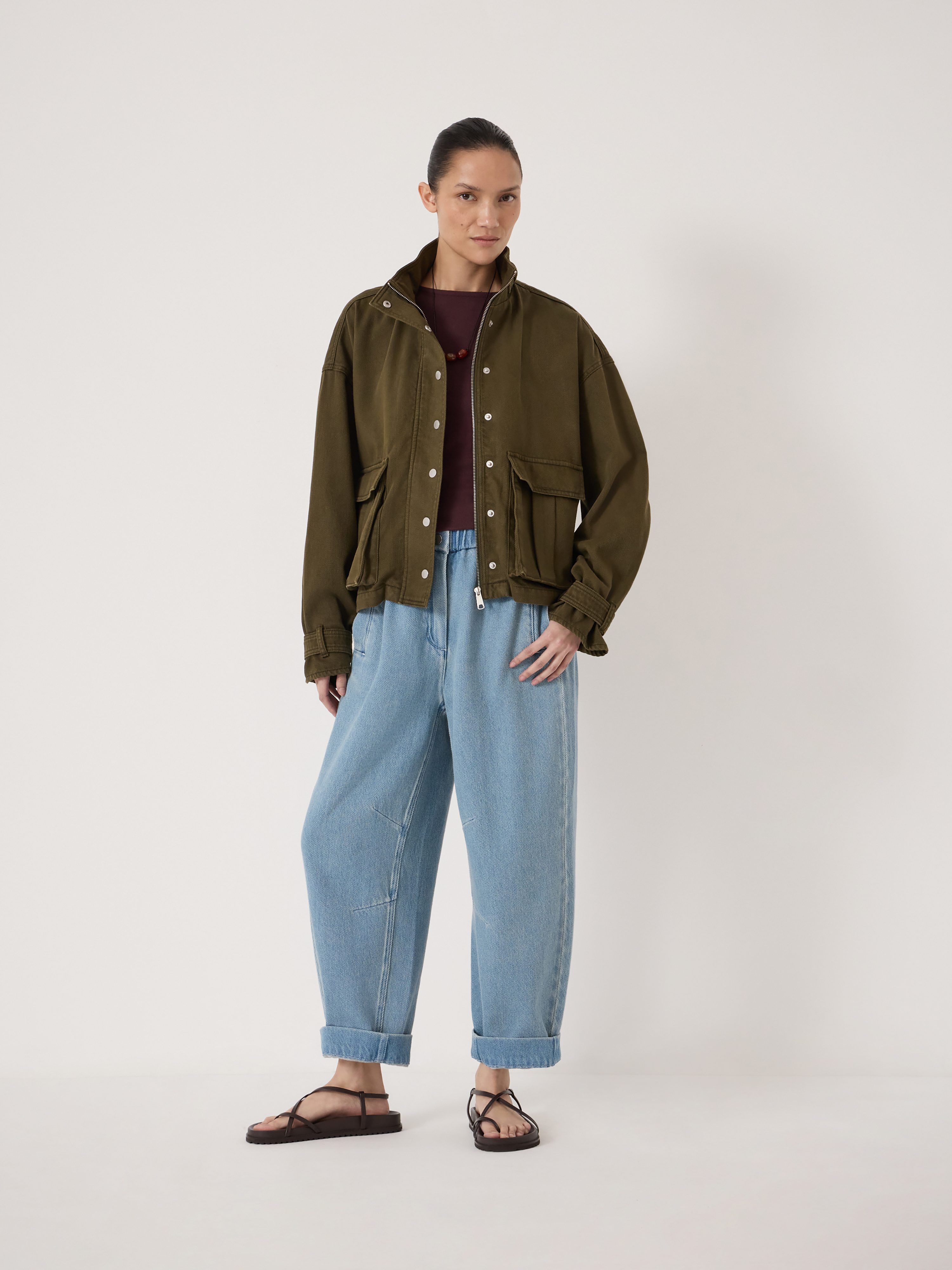 Melinda Supersoft Relaxed Funnel Neck Utility Jacket | Khaki | hush