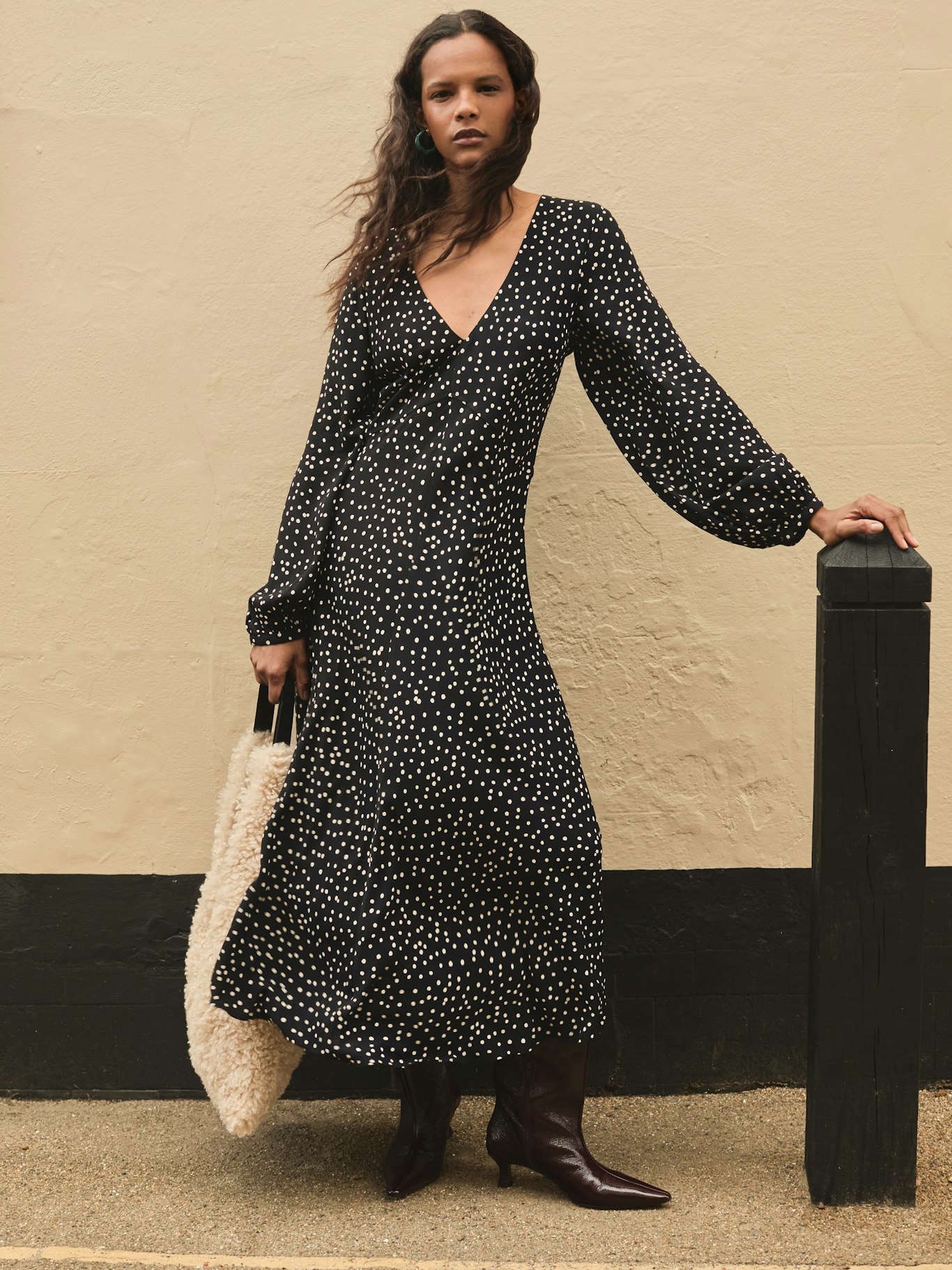 Grace V-Neck Long Sleeve Dress | Tiny Polka Dot Black | hush Grace V-Neck Long Sleeve Dress | Tiny Polka Dot Black | hush