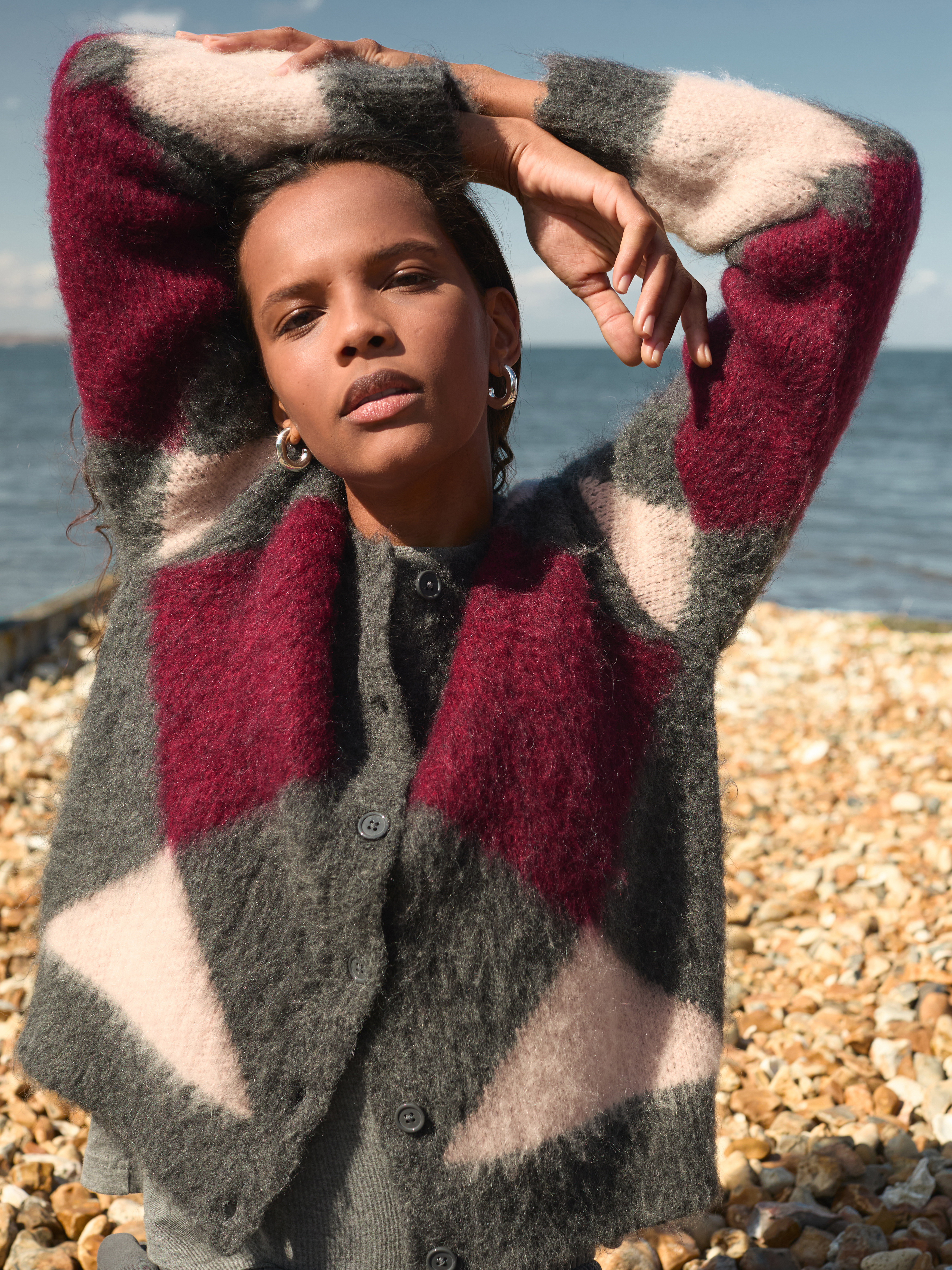 Brushed Argyle Alpaca Blend Cardigan | Charcoal Marl Mix | hush