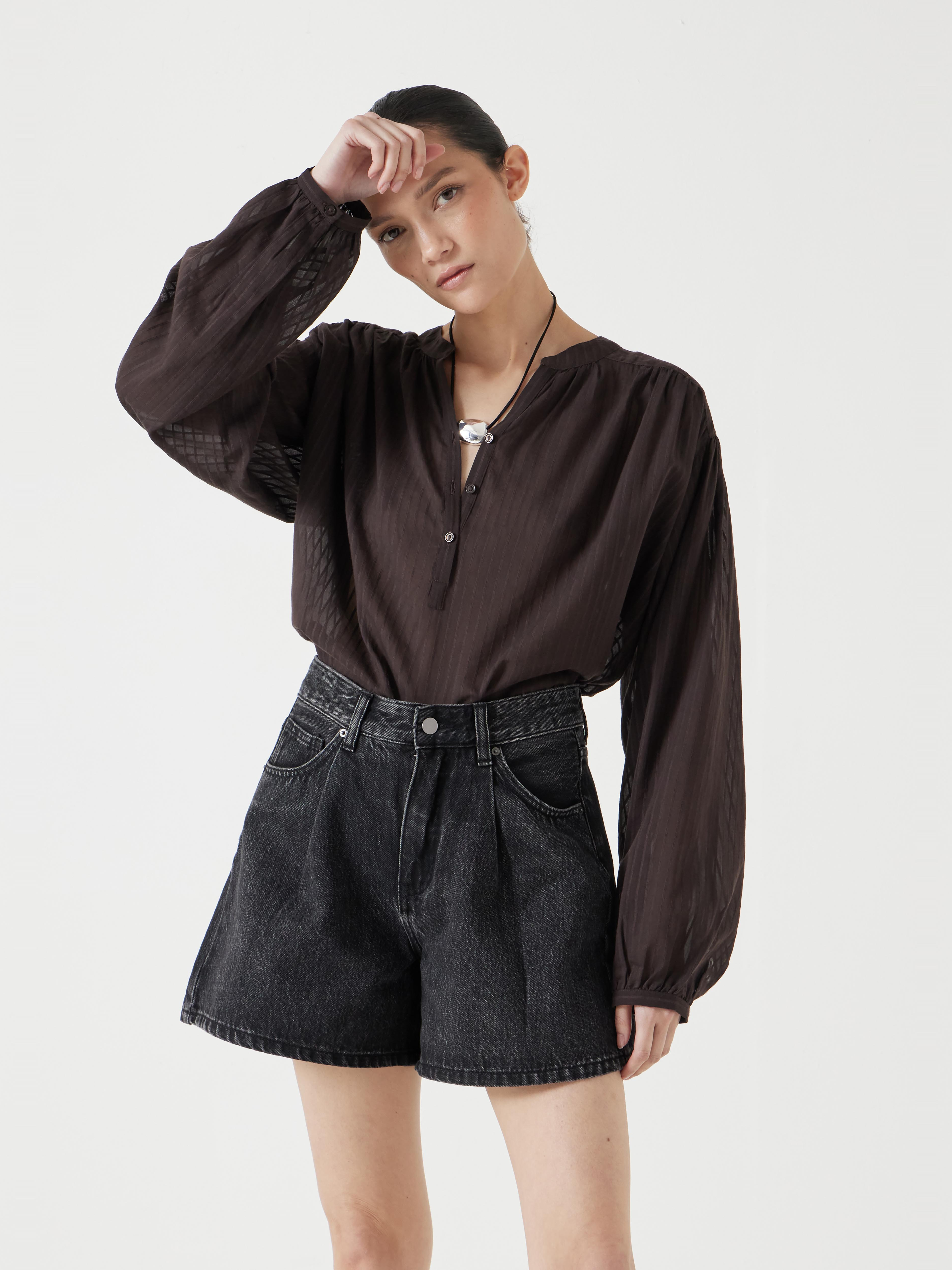 Bea Textured Stripe Blouse - Chocolate Brown