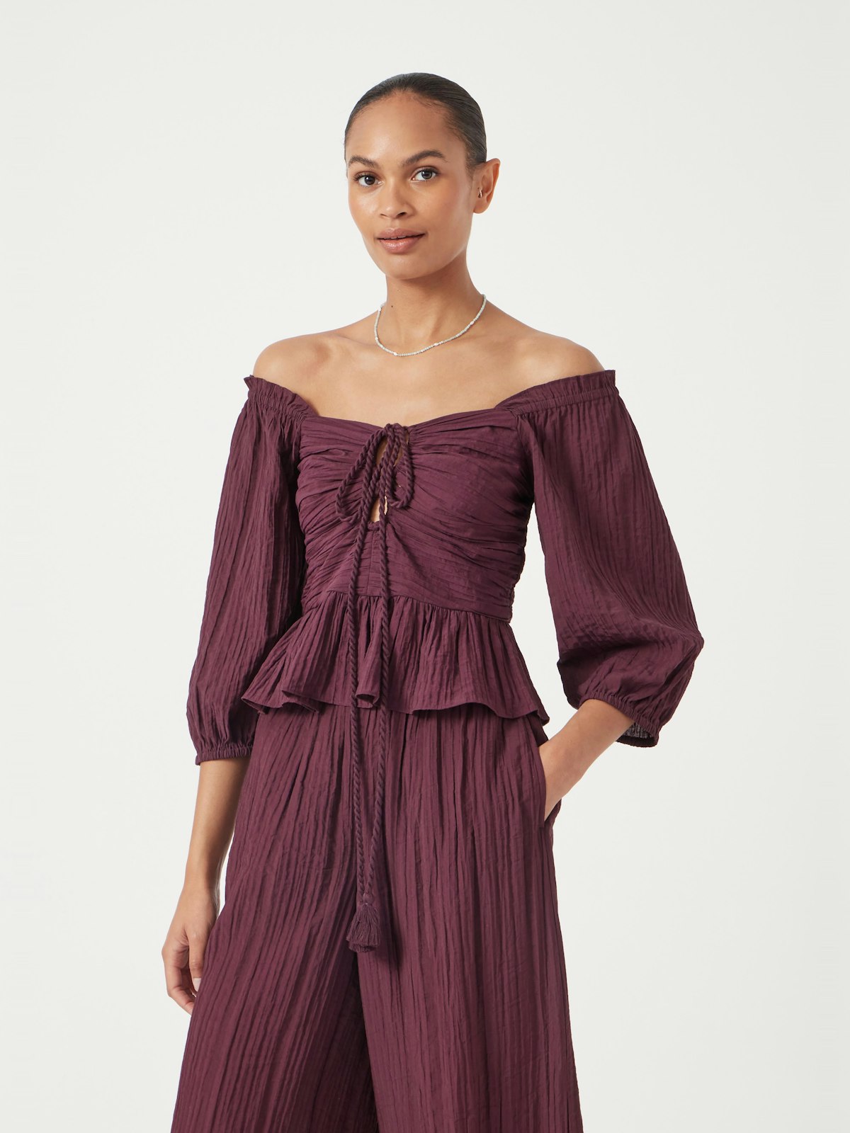Zoe Crinkle Peplum Top | Wine Red | hush