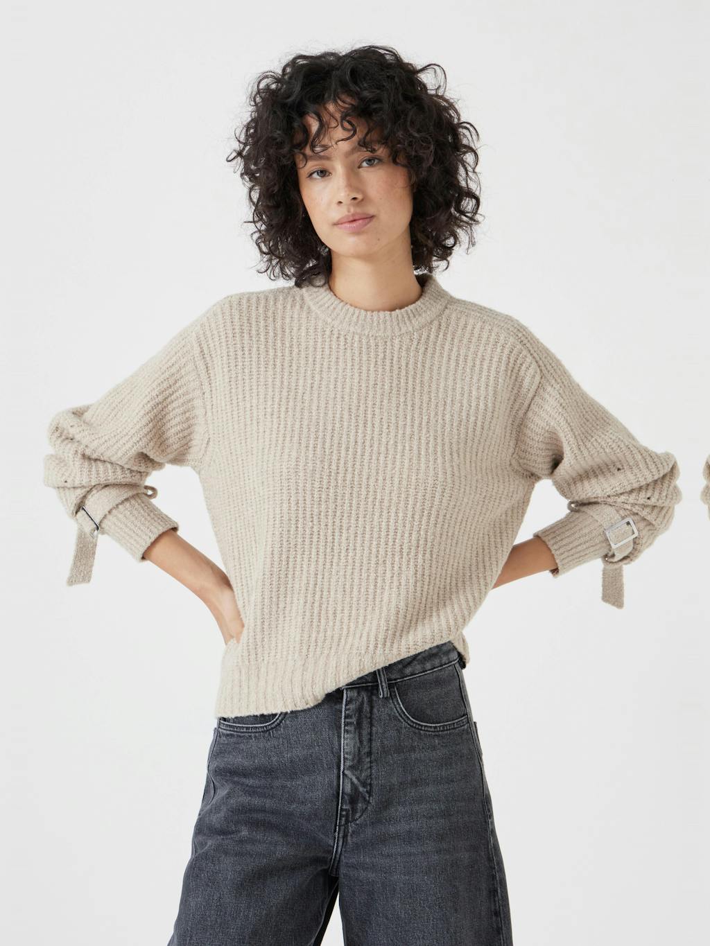 012950-2860-01 Tie and Buckle Detail Textured Knitted Jumper