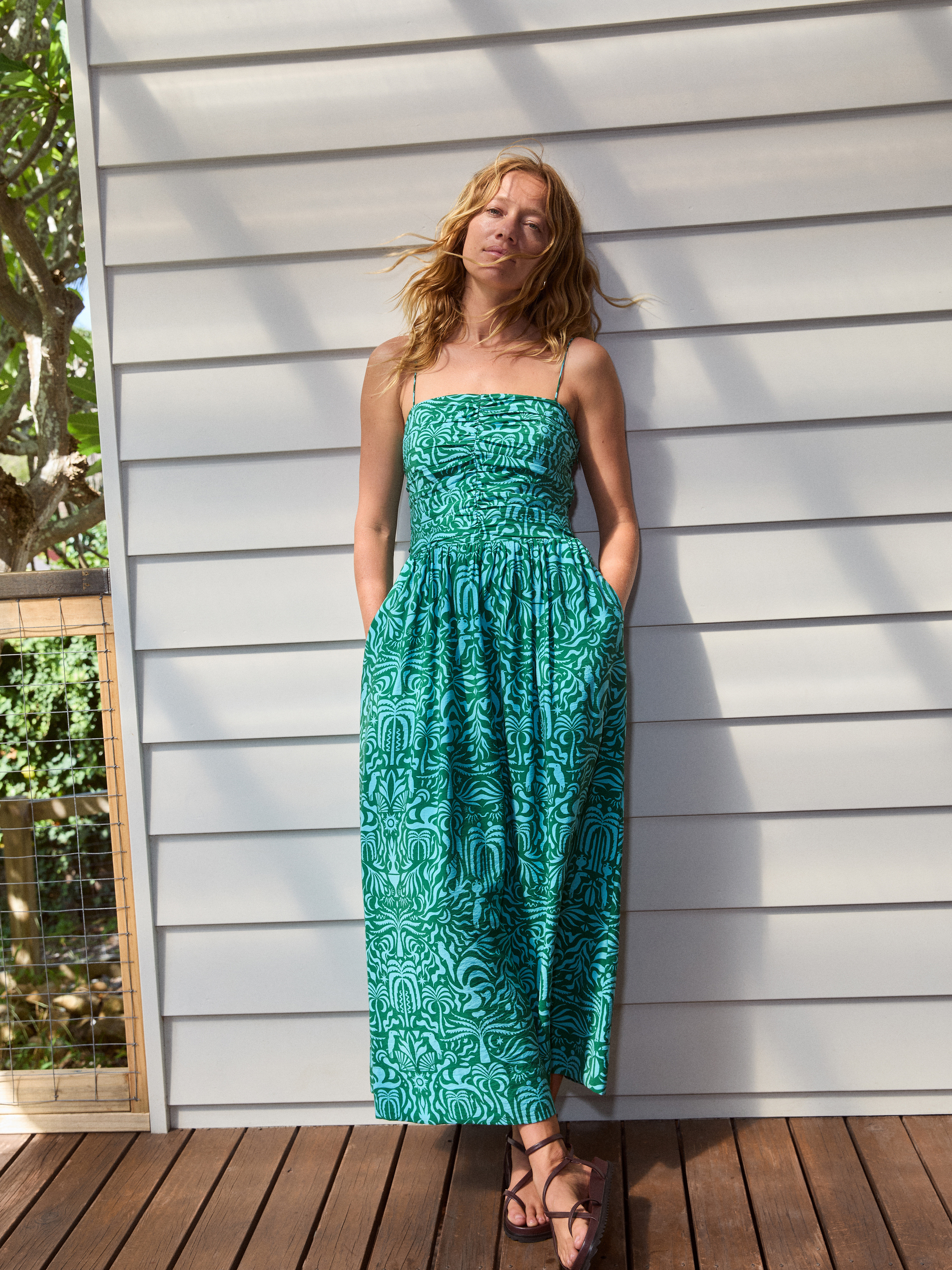 Air Flow Strappy Gathered Midi Dress