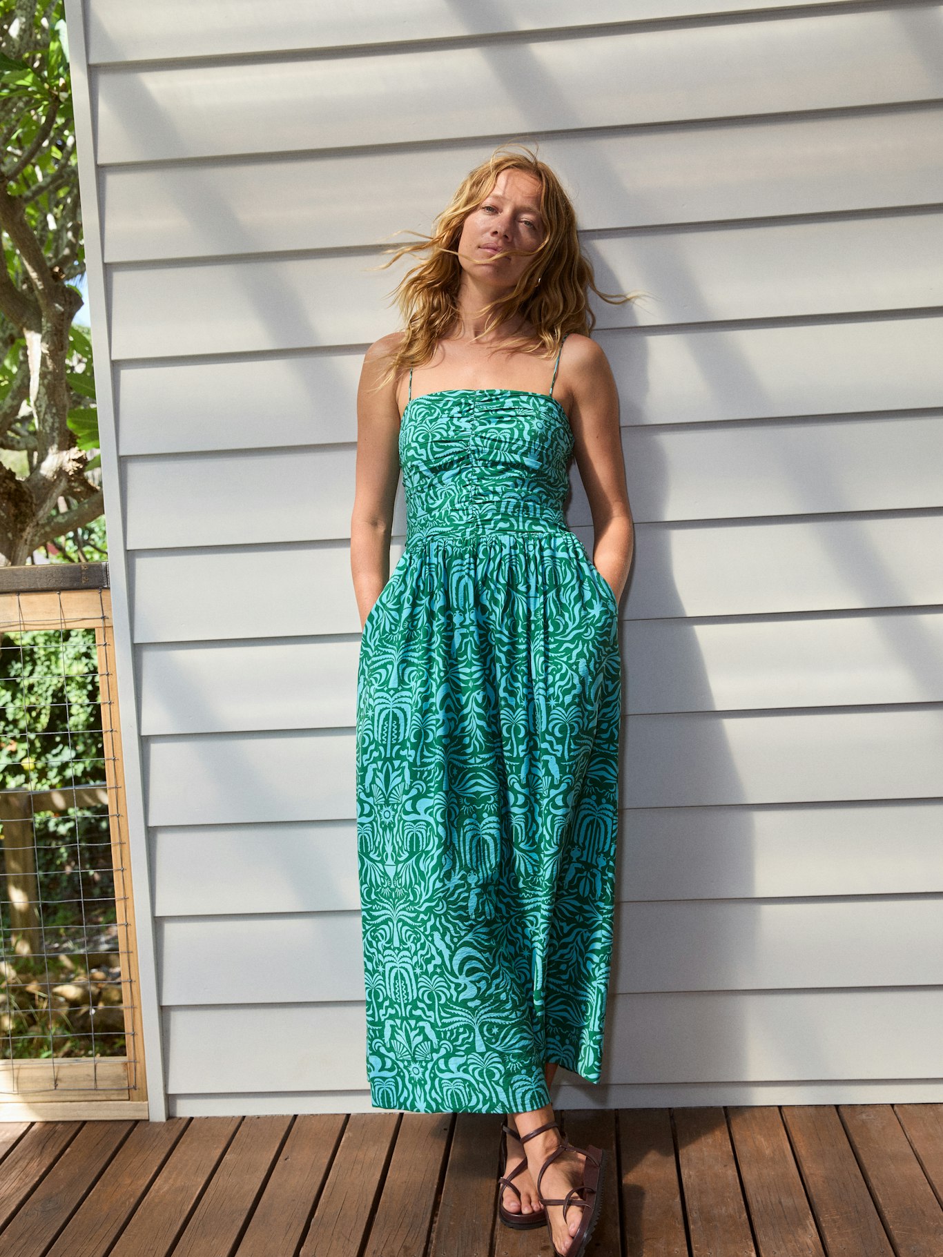Air Flow Strappy Gathered Midi Dress | Green And Blue Lotus | hush Air Flow Strappy Gathered Midi Dress | Green And Blue Lotus | hush