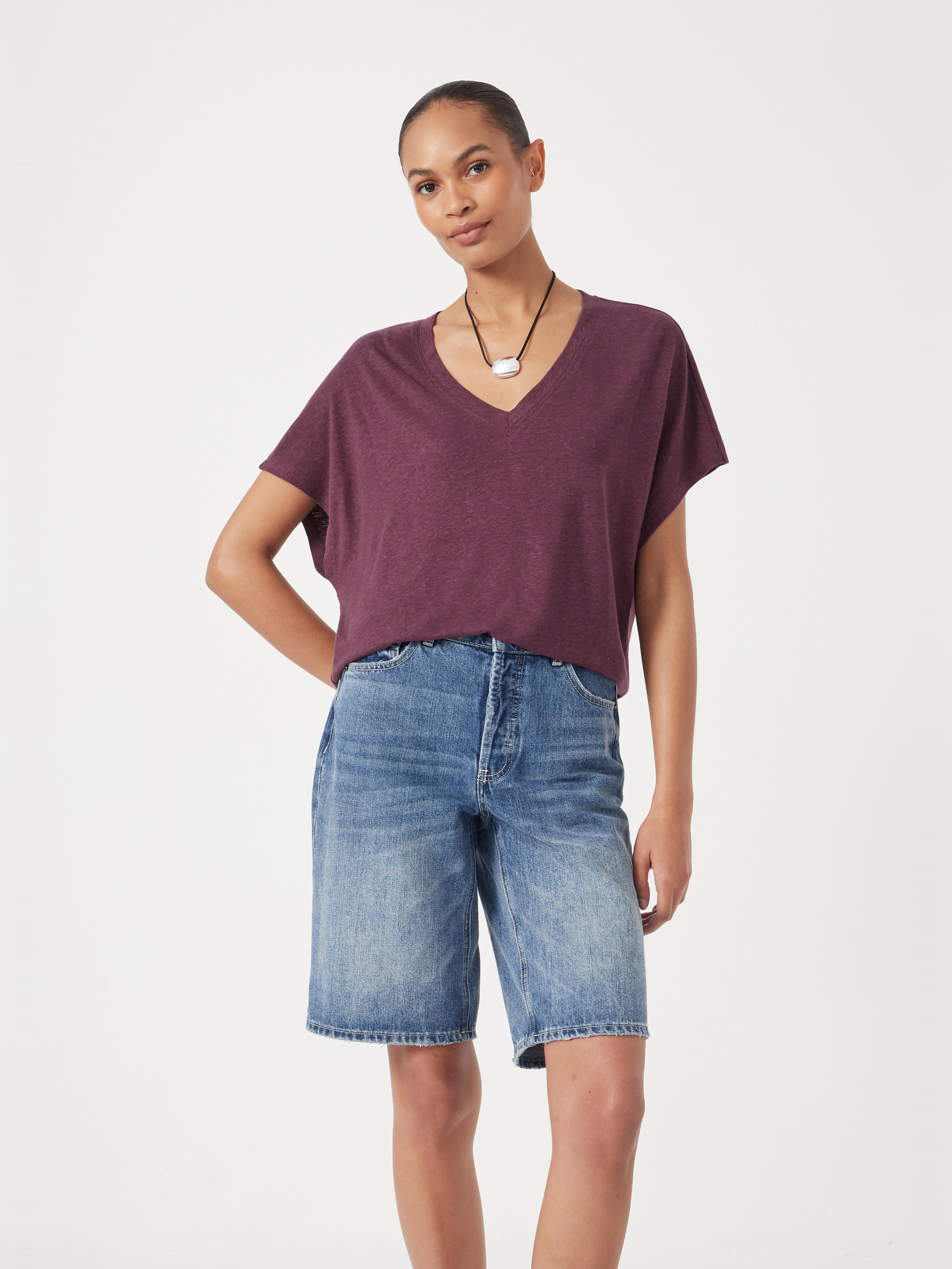 Rosalia Linen Blend V Neck T-Shirt