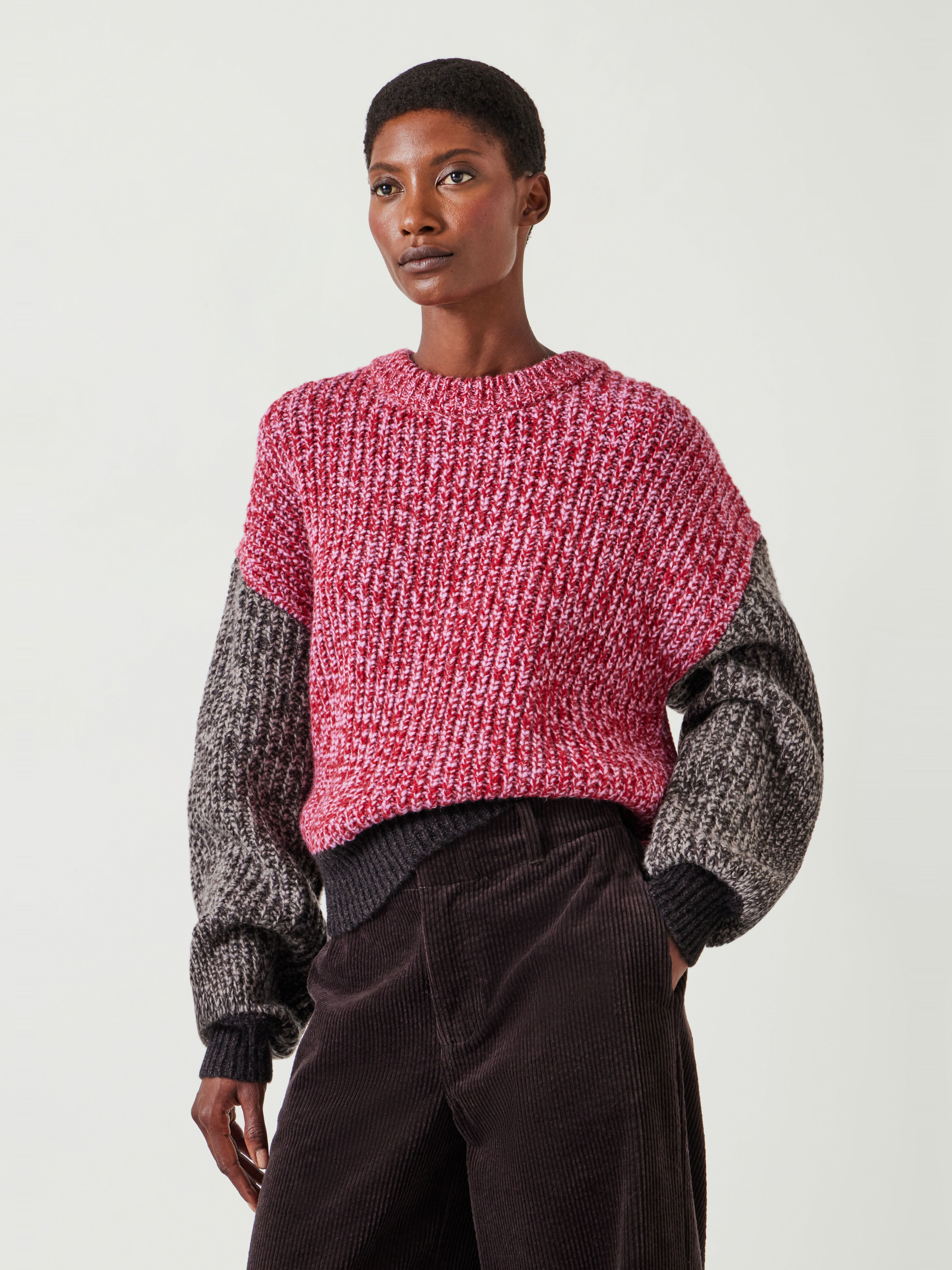 fig London USE thermal　pullover Pippa Wool Blend Colourblock Jumper | Red Pink Tweed | hush
