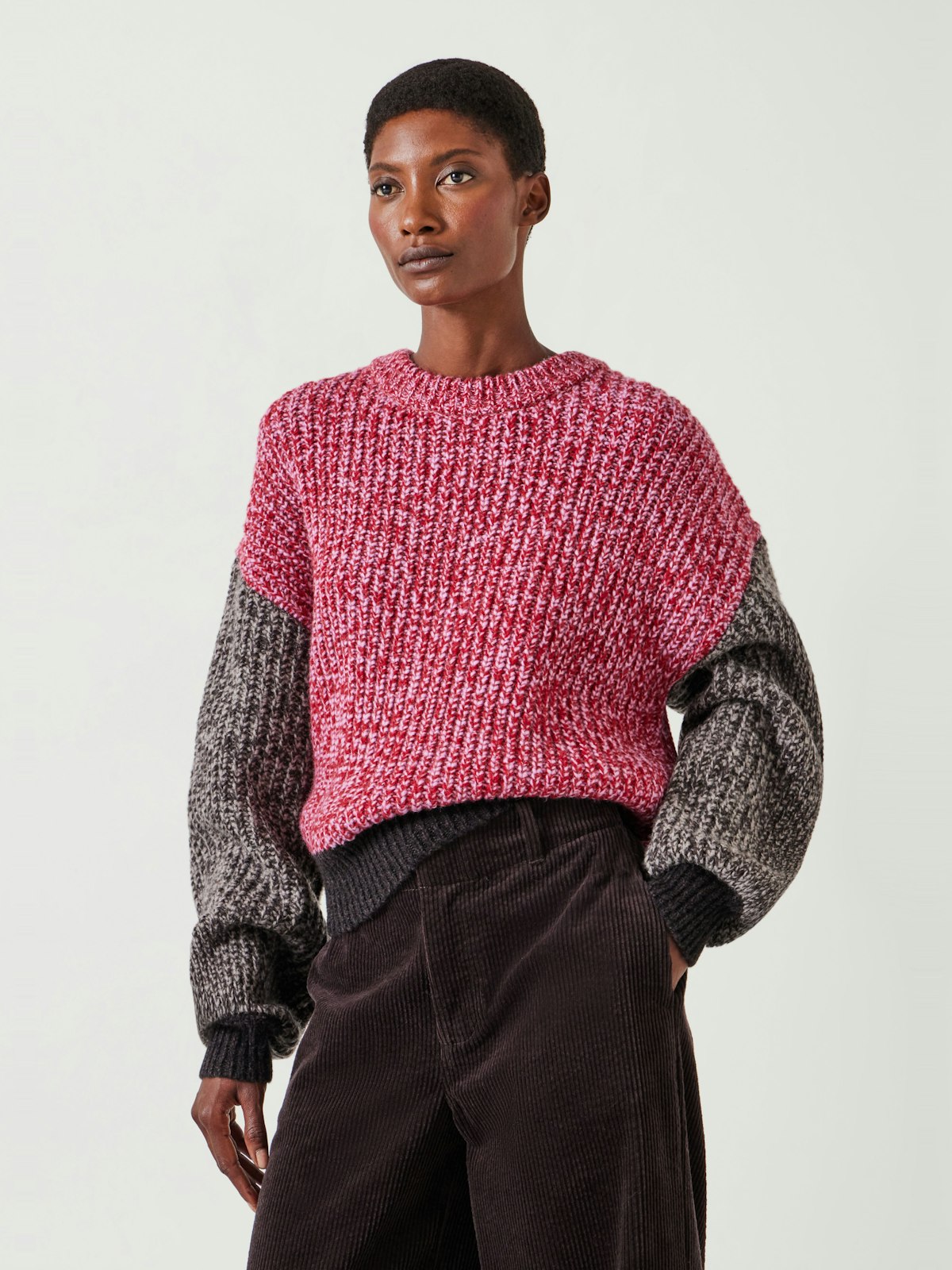 Pippa Wool Blend Colourblock Jumper | Red Pink Tweed | hush