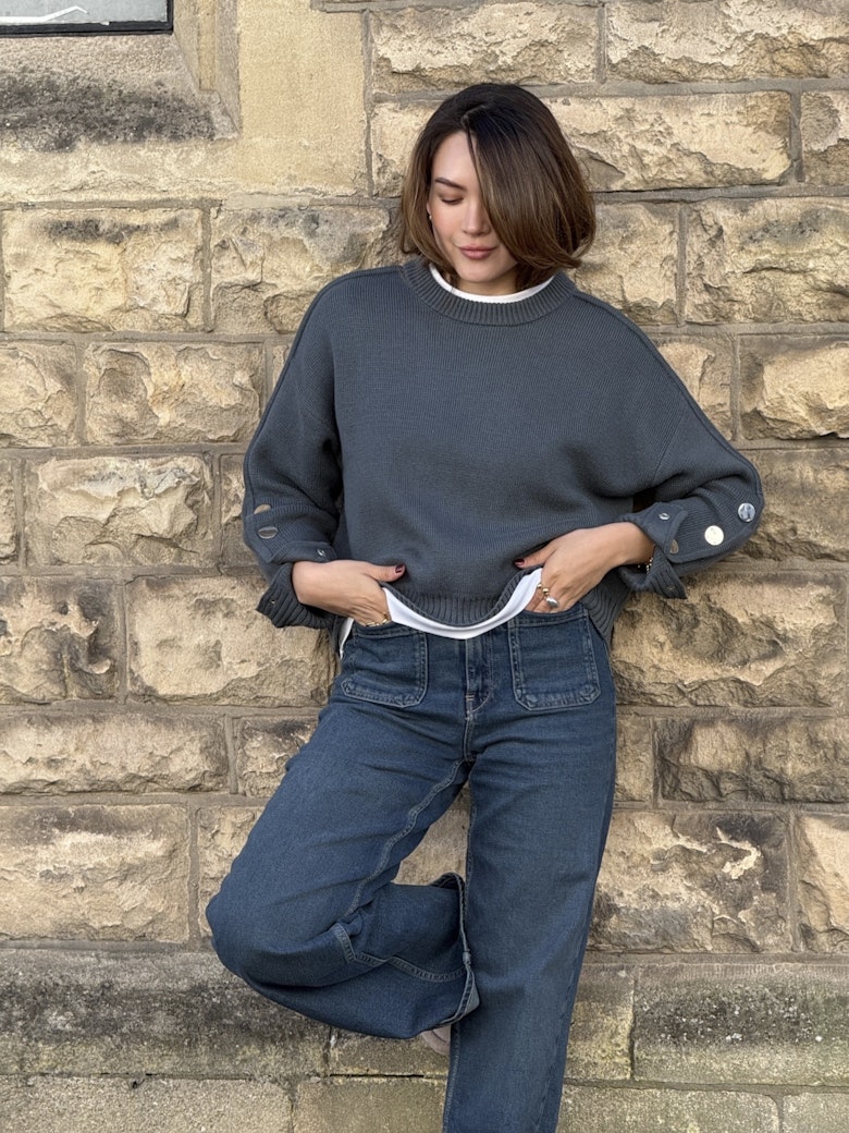 Popper Sleeve Crew Knitted Jumper