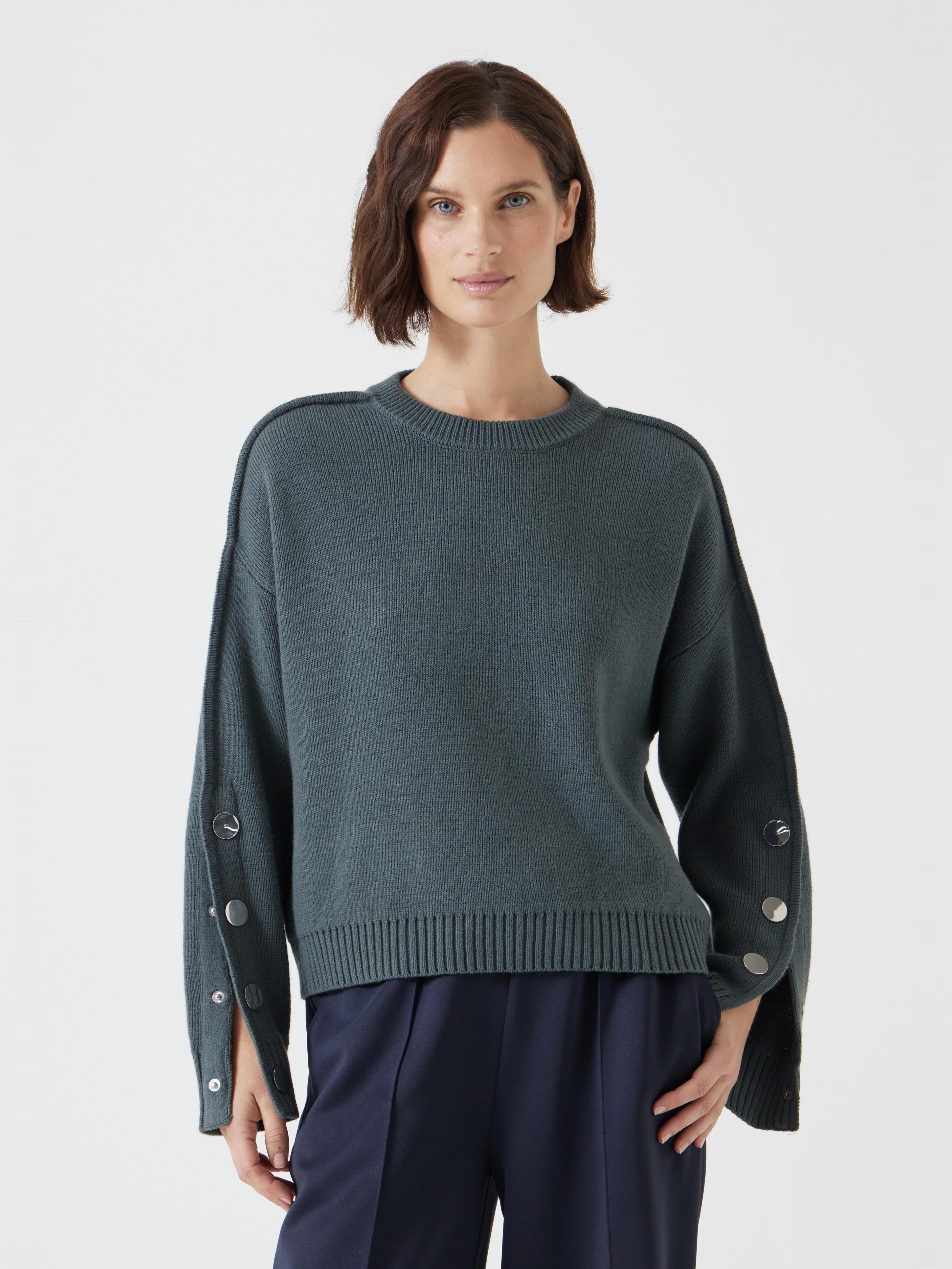 Popper Sleeve Crew Knitted Jumper