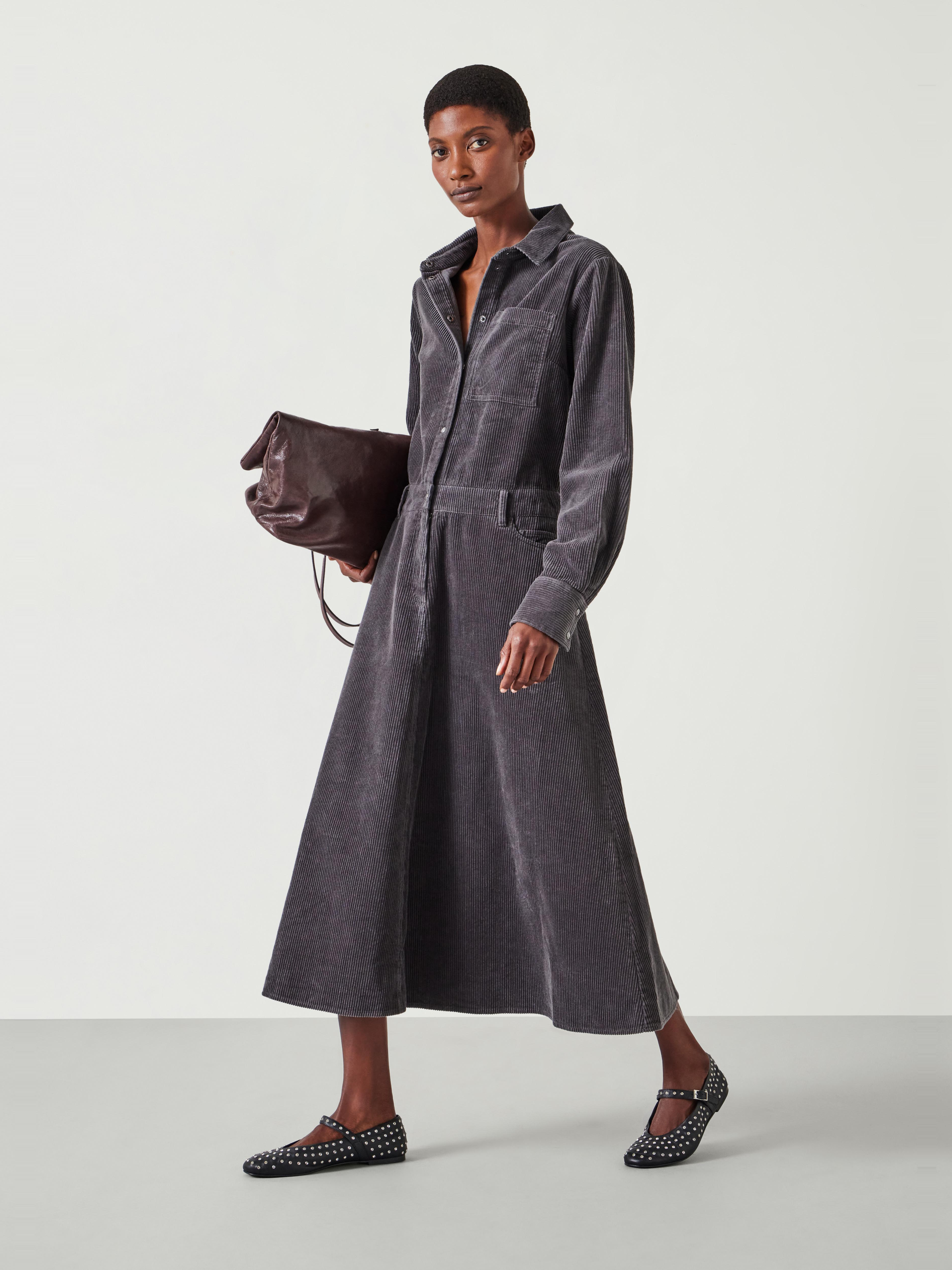 Bella Corduroy Long Sleeve Maxi Dress - Charcoal Grey