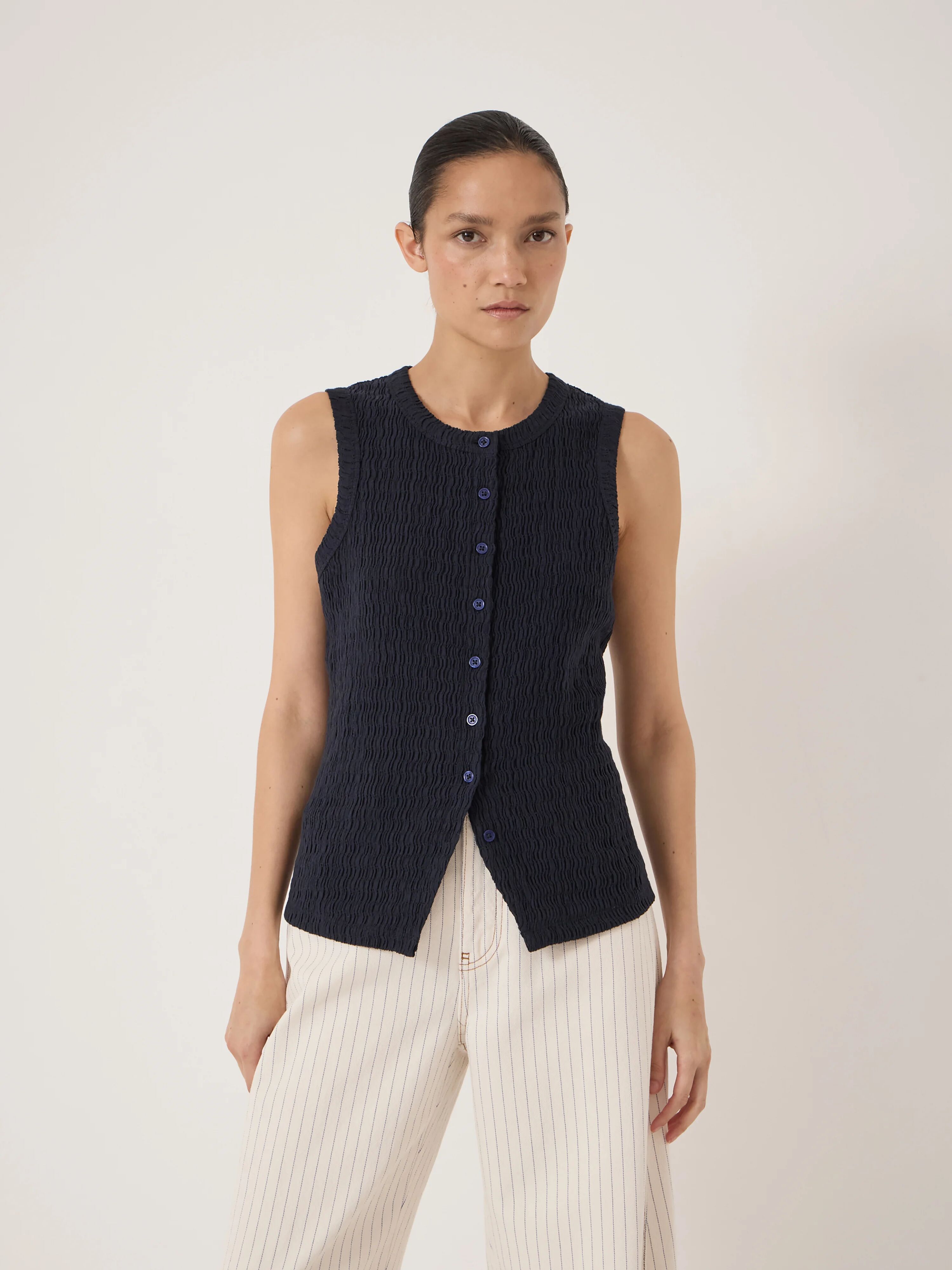 Textured Sleeveless Button through