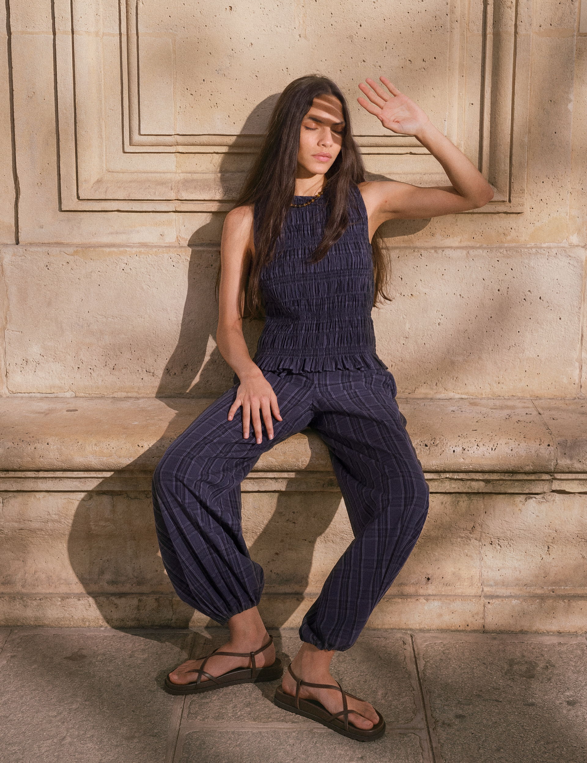 Axelle Check Wide Leg Cotton Blend Trouser