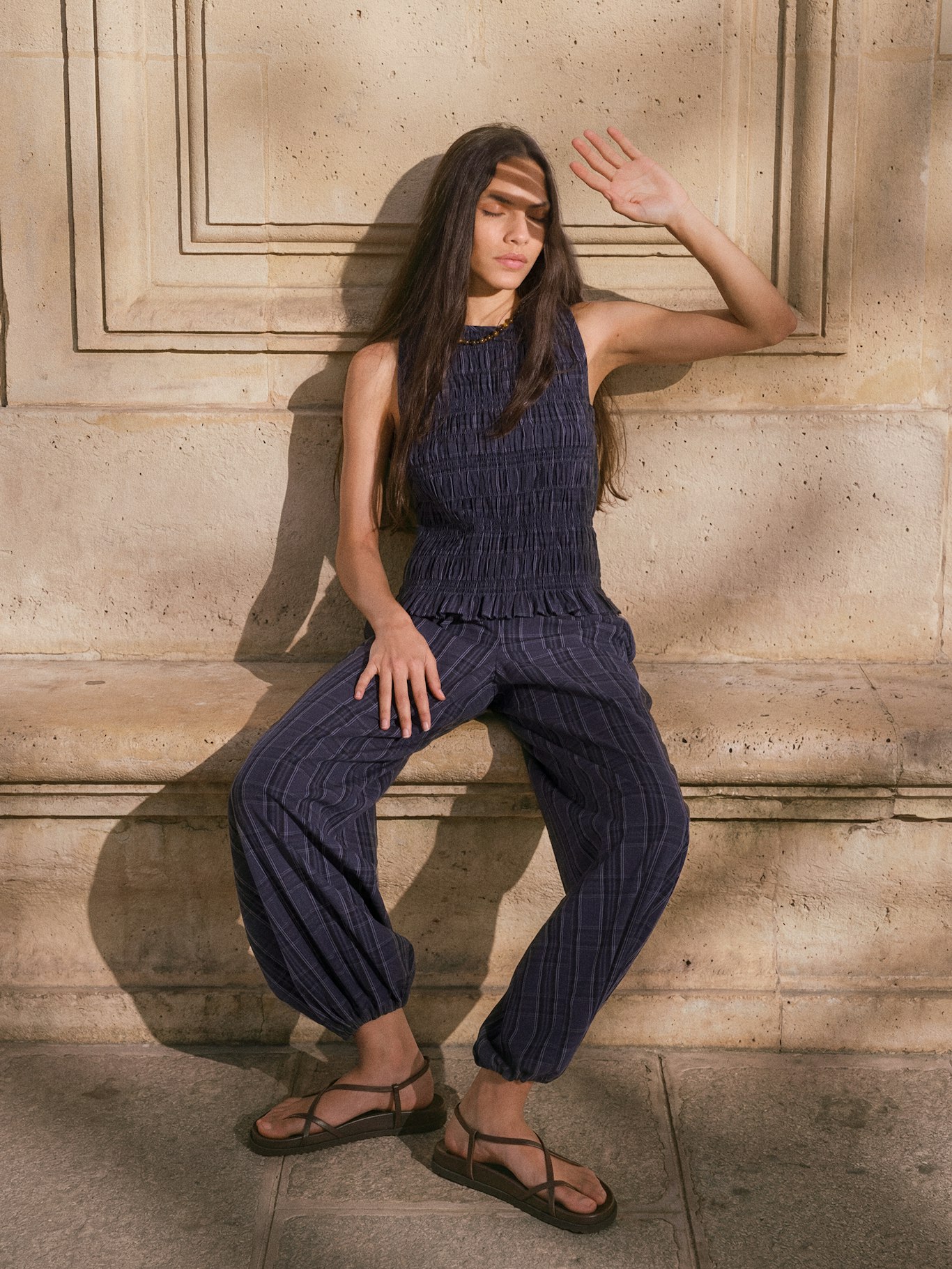 016020-4625-10 Axelle Check Wide Leg Cotton Blend Trouser