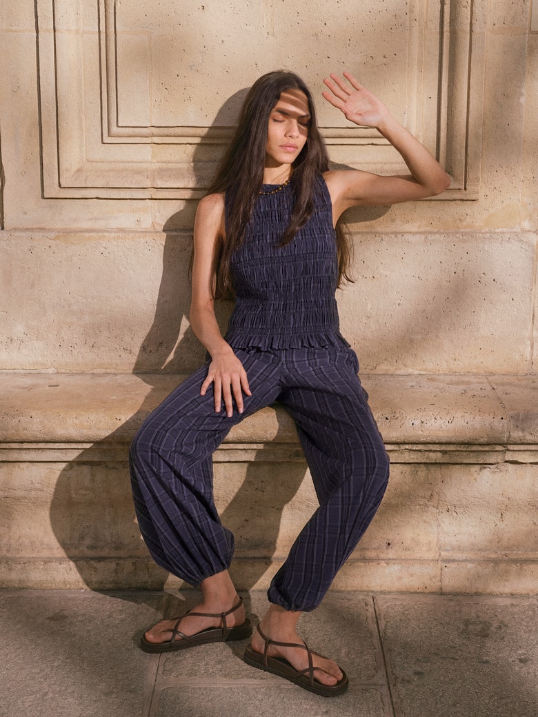 Axelle Check Wide Leg Cotton Blend Trouser
