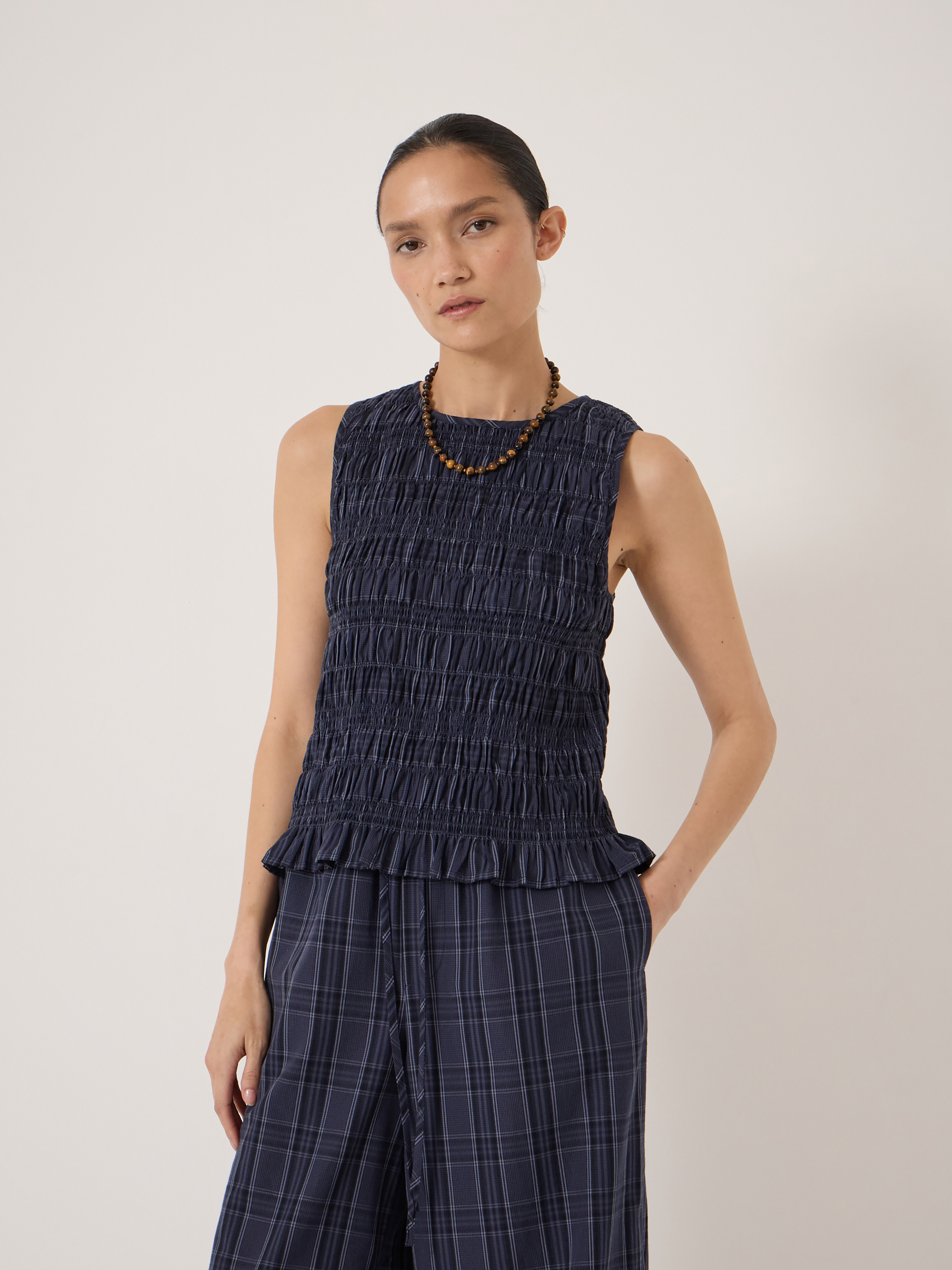 Maddie Shirred Cotton Check Shell Top