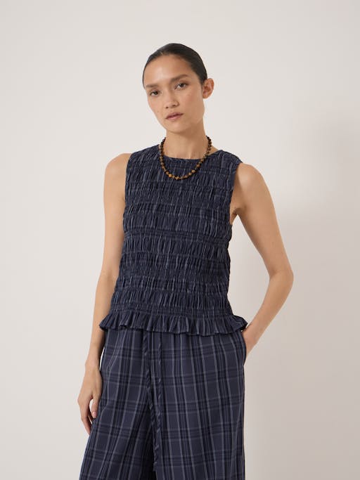 Maddie Shirred Cotton Check Shell Top