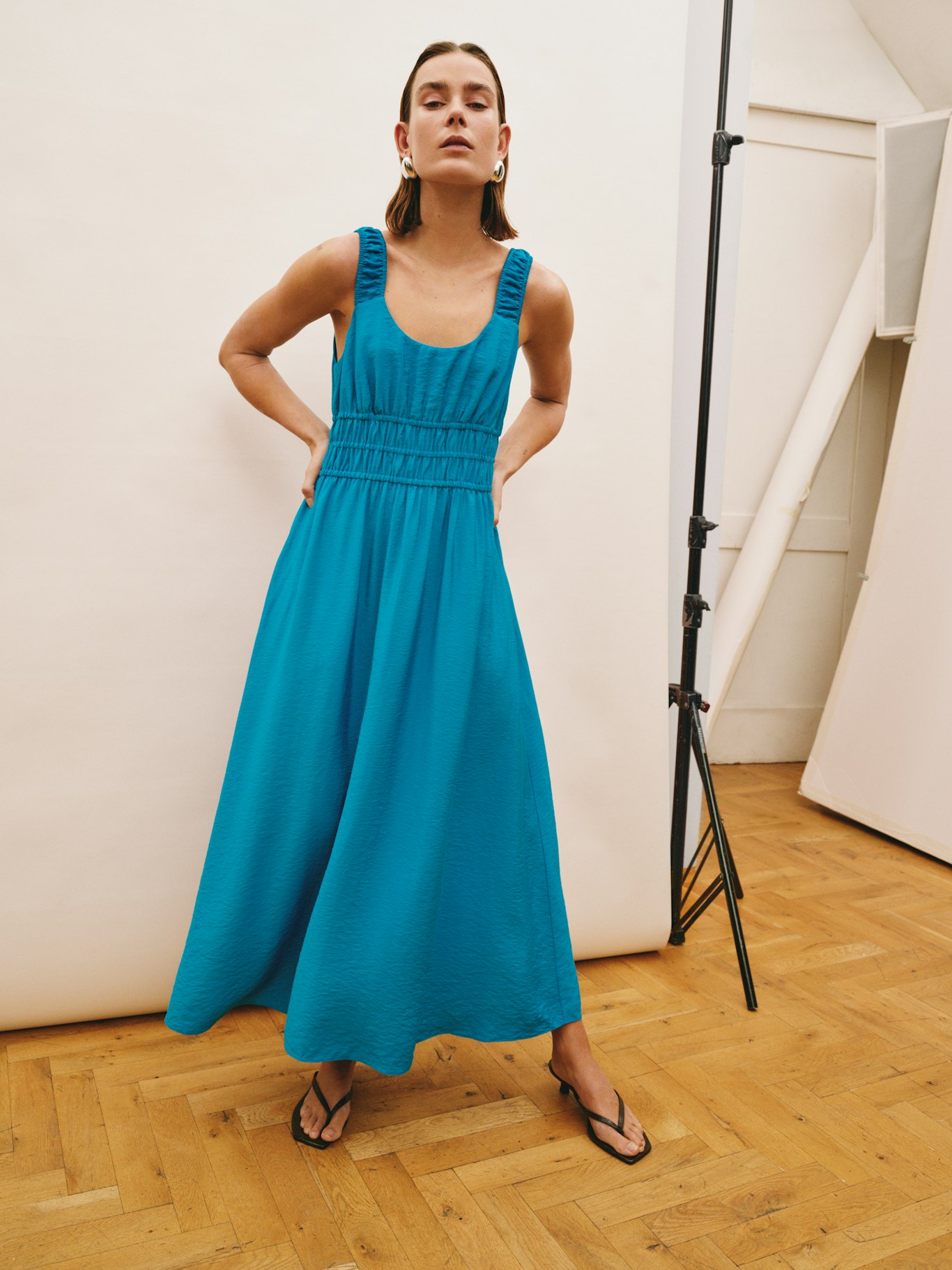 Air Flow Gathered Straps Midi Dress | Aqua Blue | hush Air Flow Gathered Straps Midi Dress | Aqua Blue | hush
