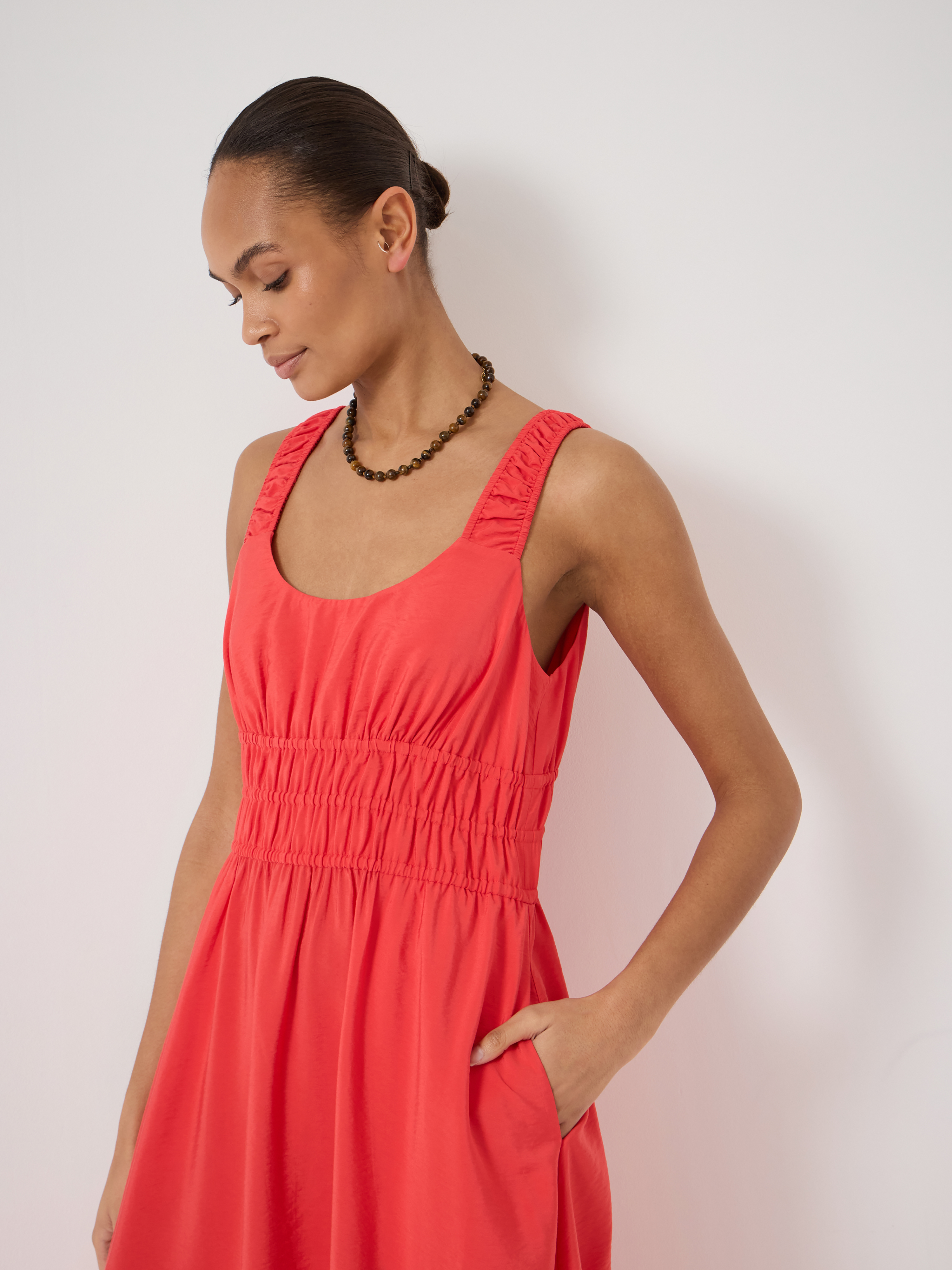 Air Flow Gathered Straps Midi Dress | Vibrant Red