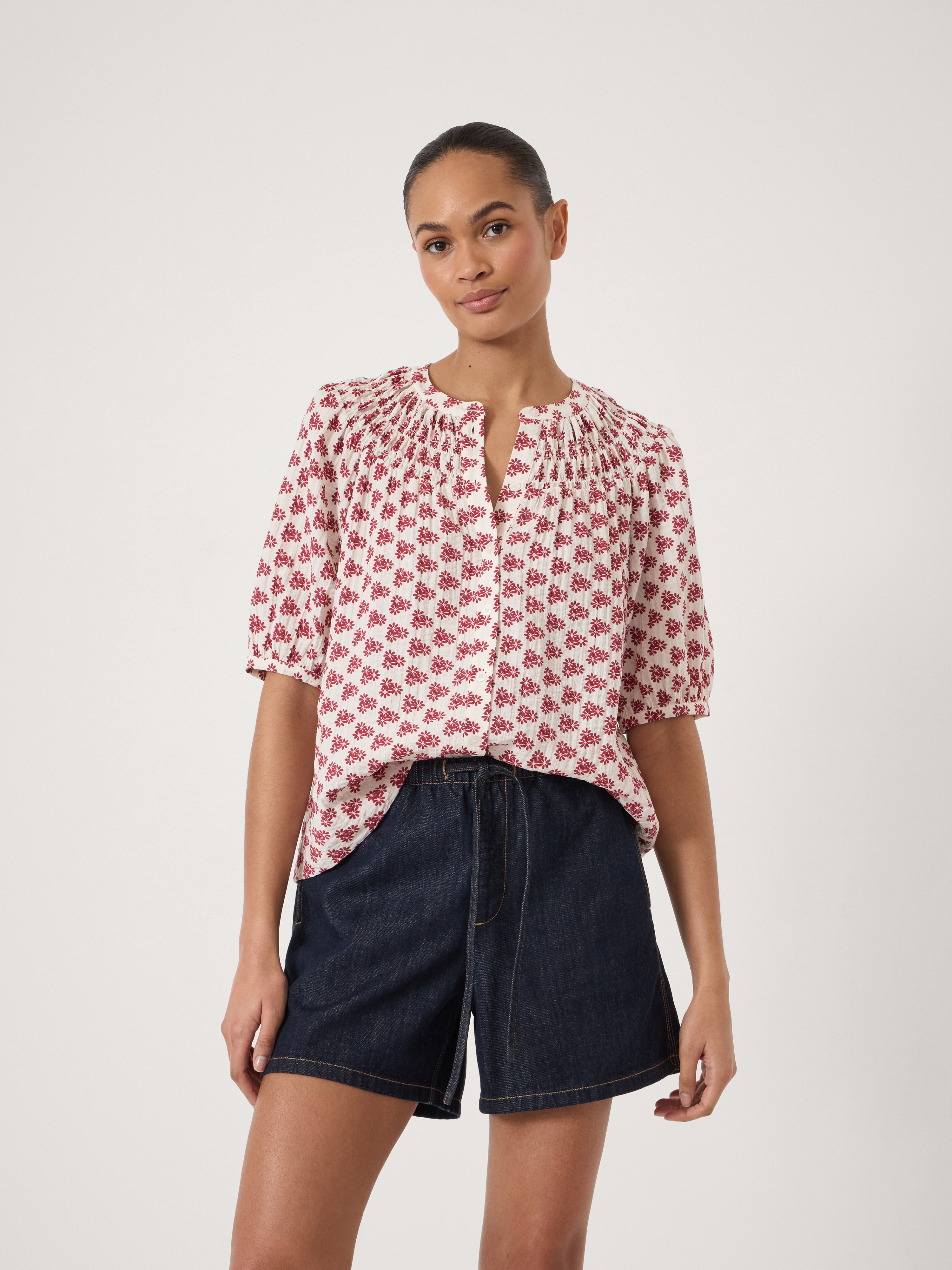 Dru Gathered Neckline Crinkle Blouse | Floral Geo Red | hush