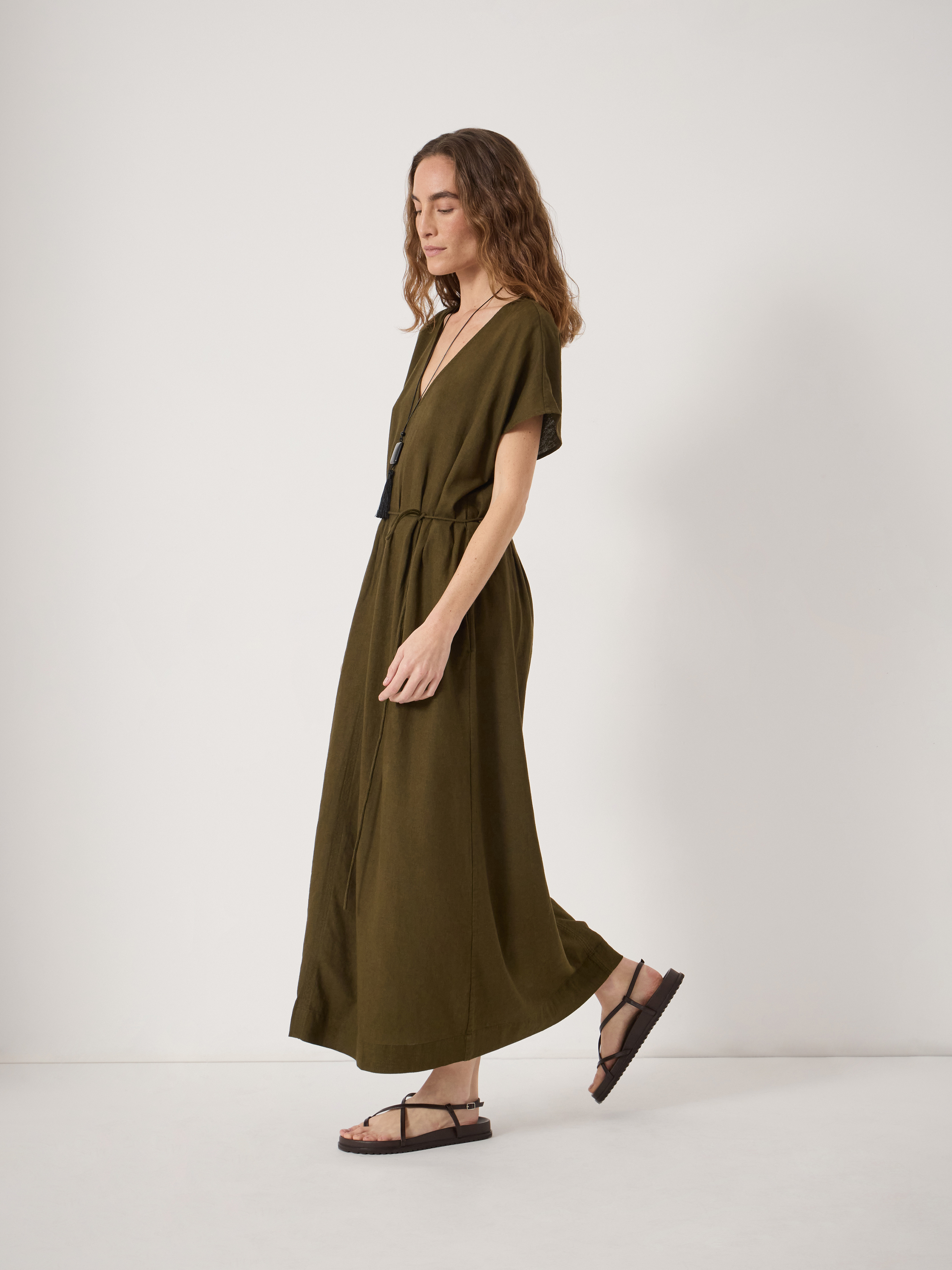 Linen Blend Remy Pleated Midi Dress | Khaki Green | hush