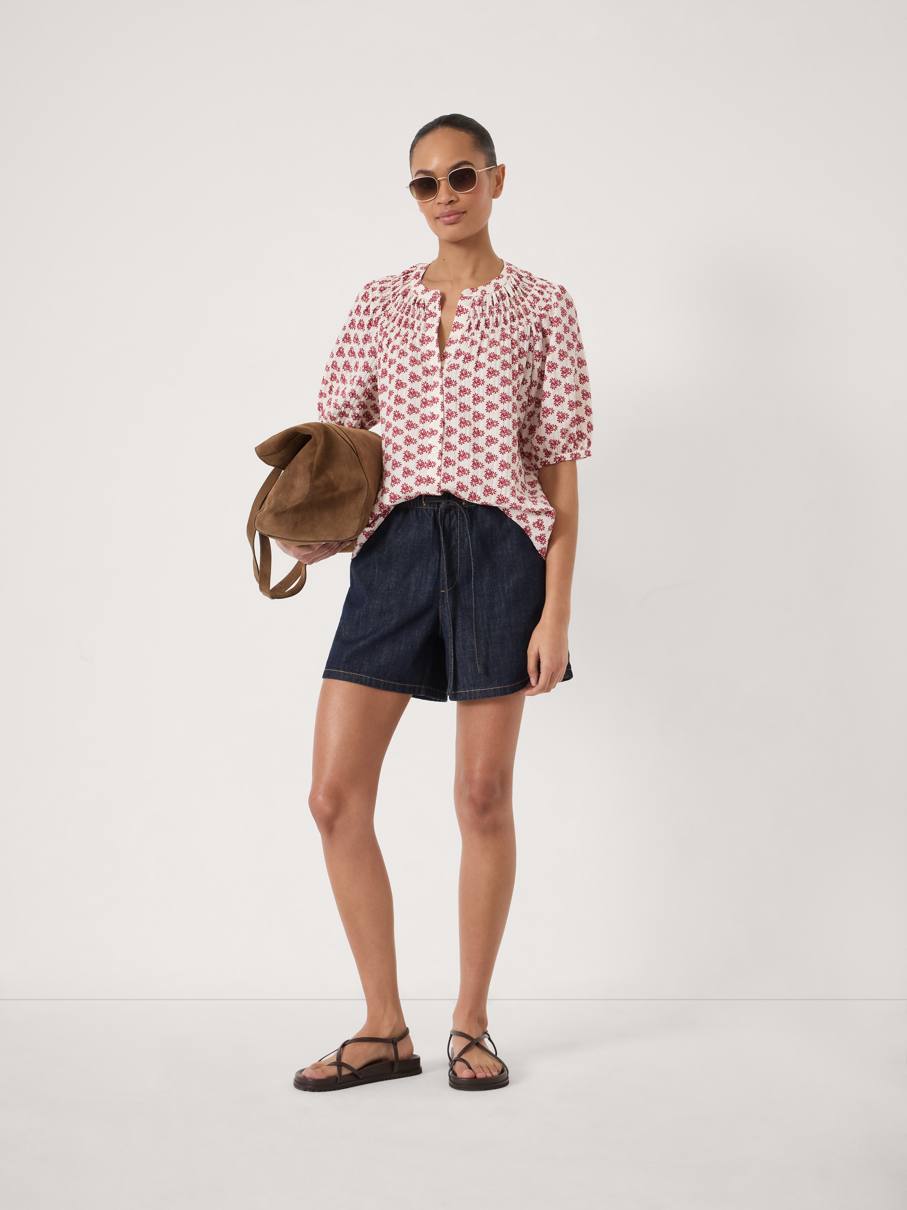 Dru Gathered Neckline Crinkle Blouse | Floral Geo Red | hush