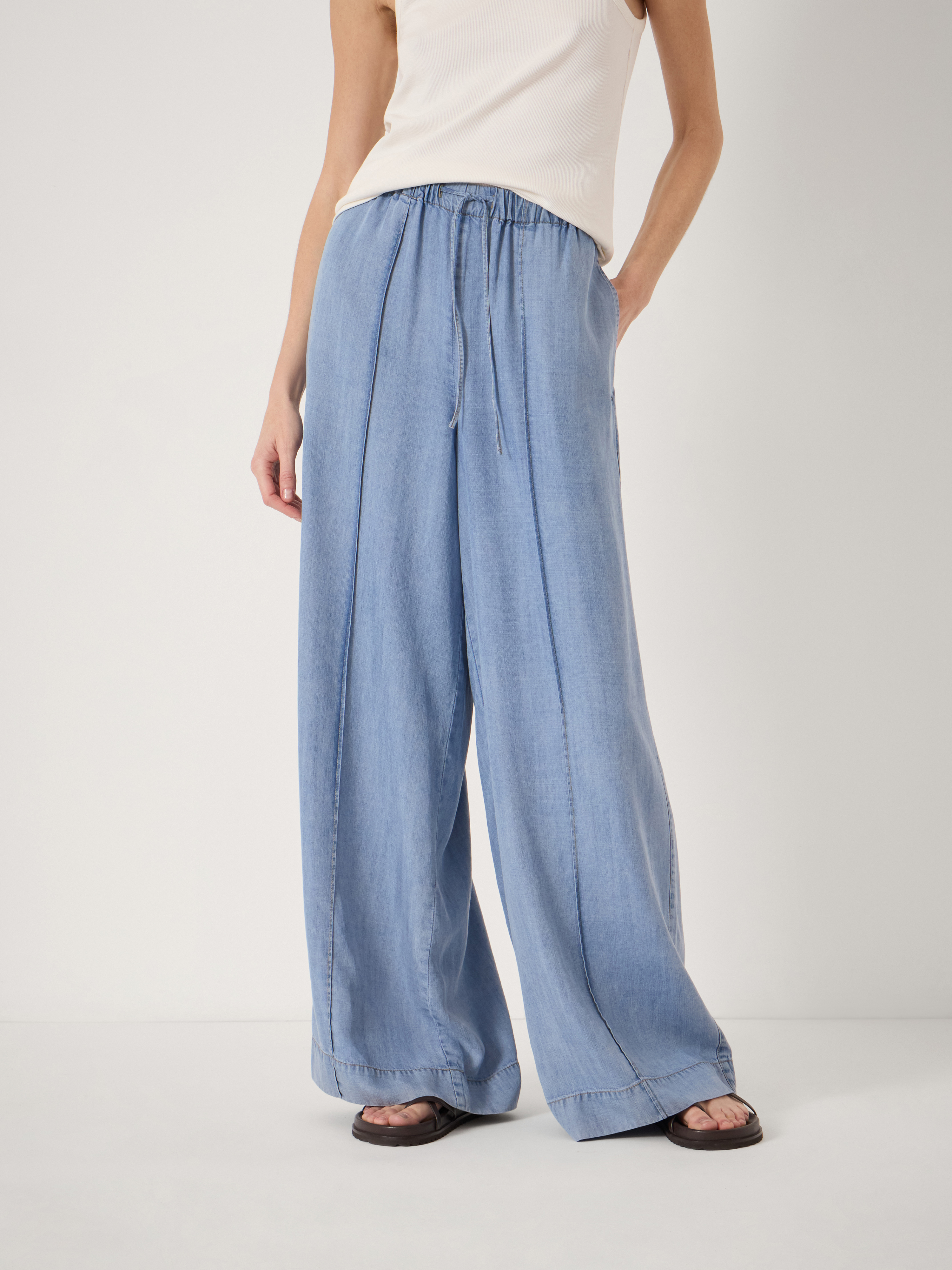 Chambray Wide Leg Trousers | Washed Light Blue | hush