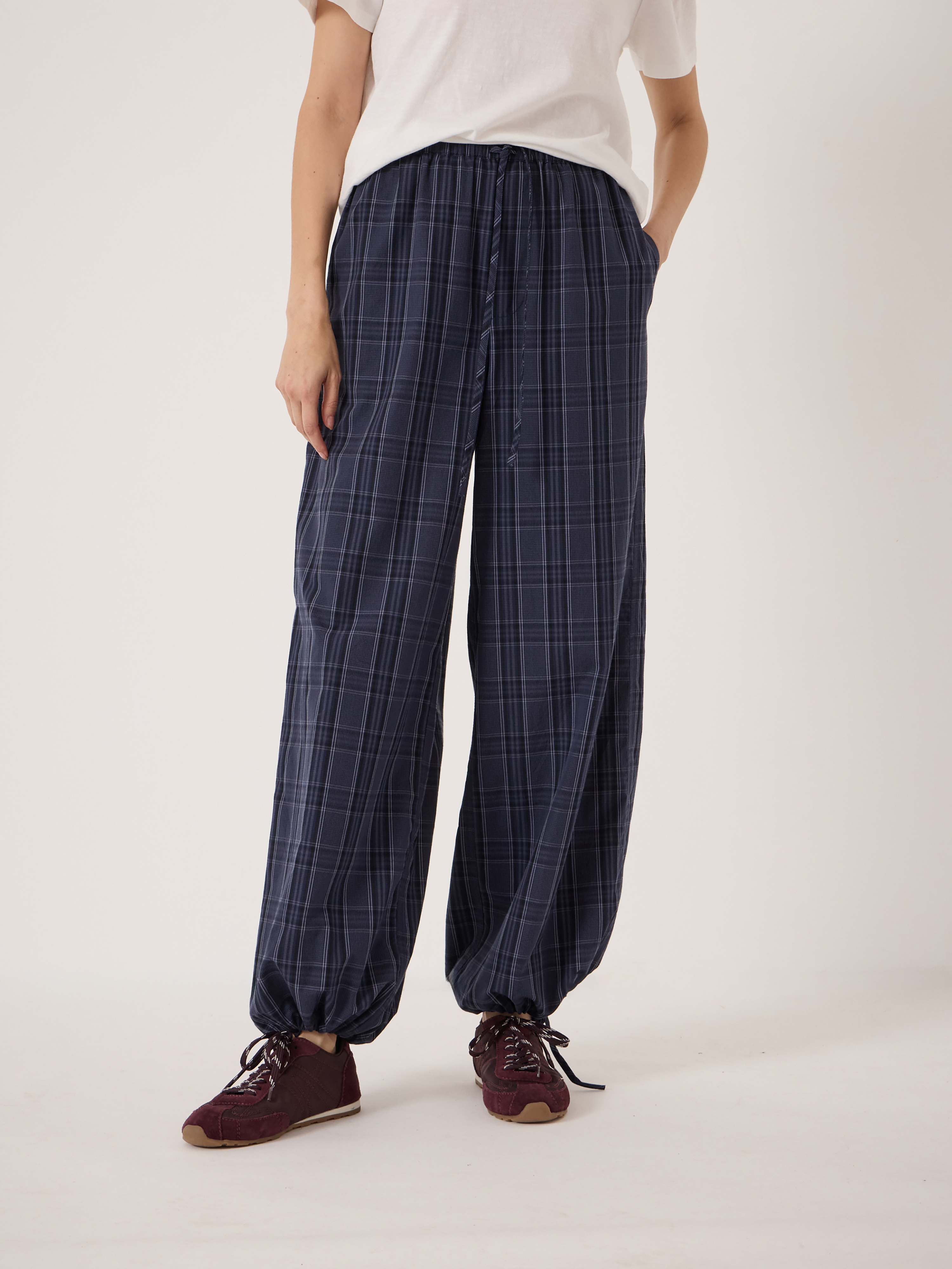Axelle Check Wide Leg Cotton Blend Trouser | Blue Check | hush