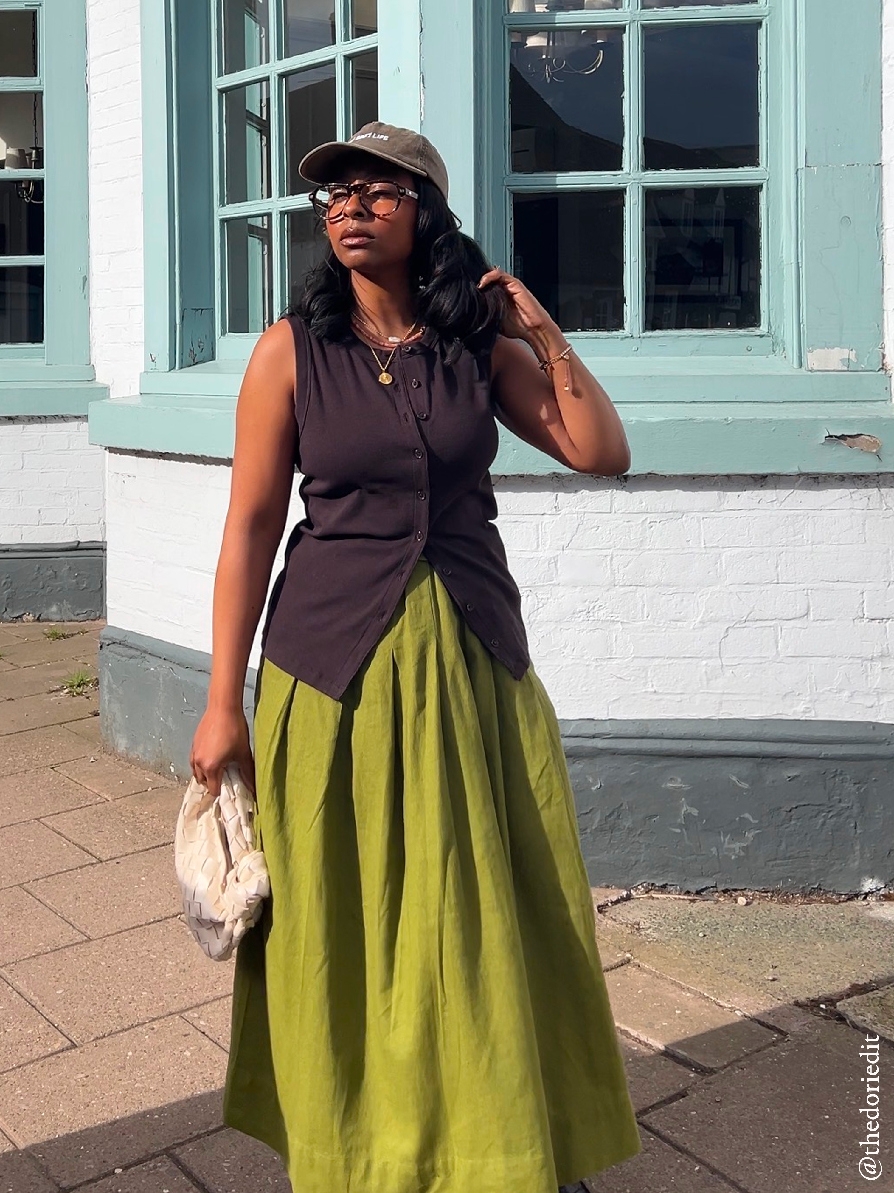 Ivy Pleated Linen Blend Midi Skirt | Olive Green | hush