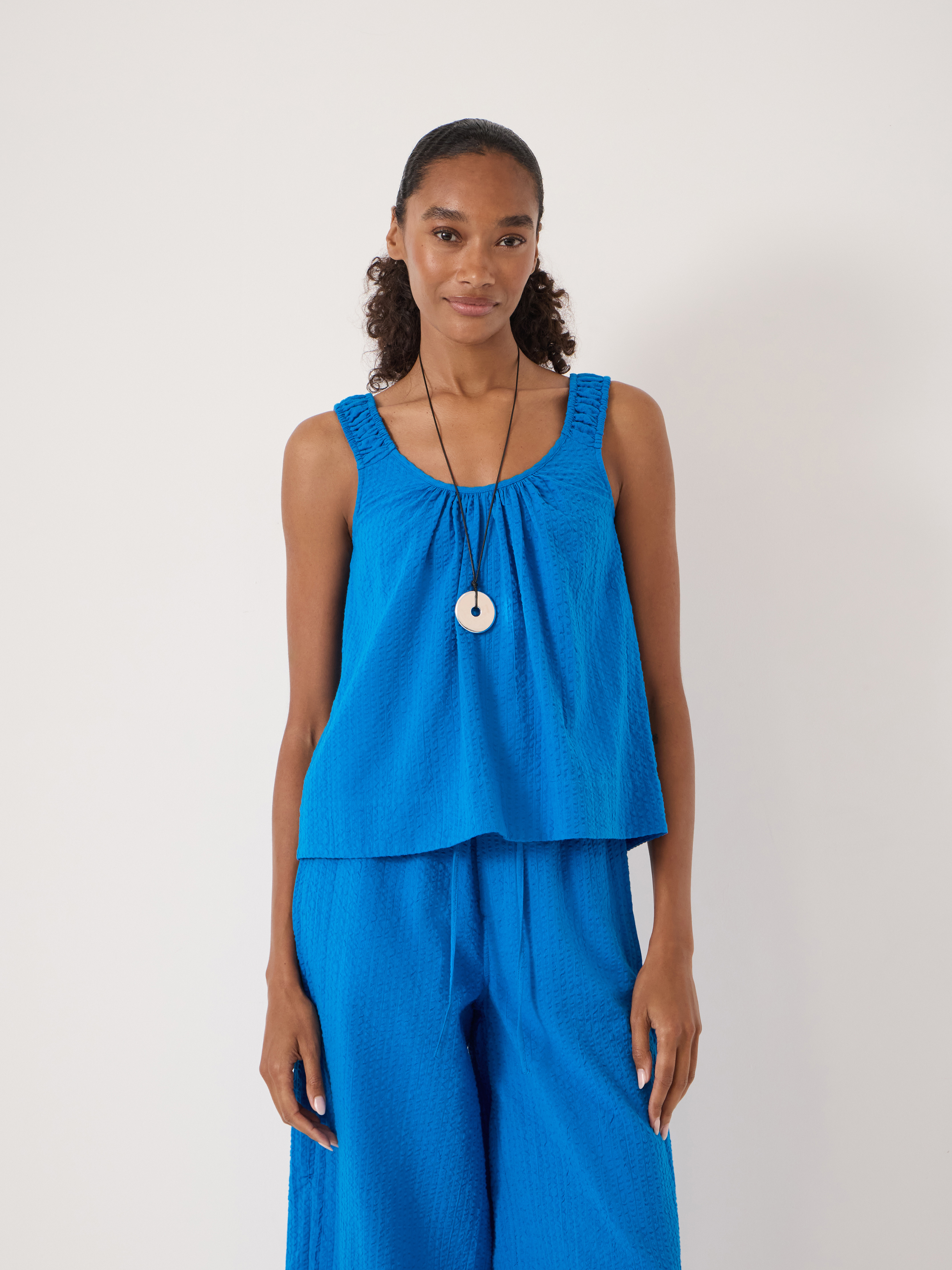 Lazra Gathered Strap Flared Cami Top | Sky Blue | hush