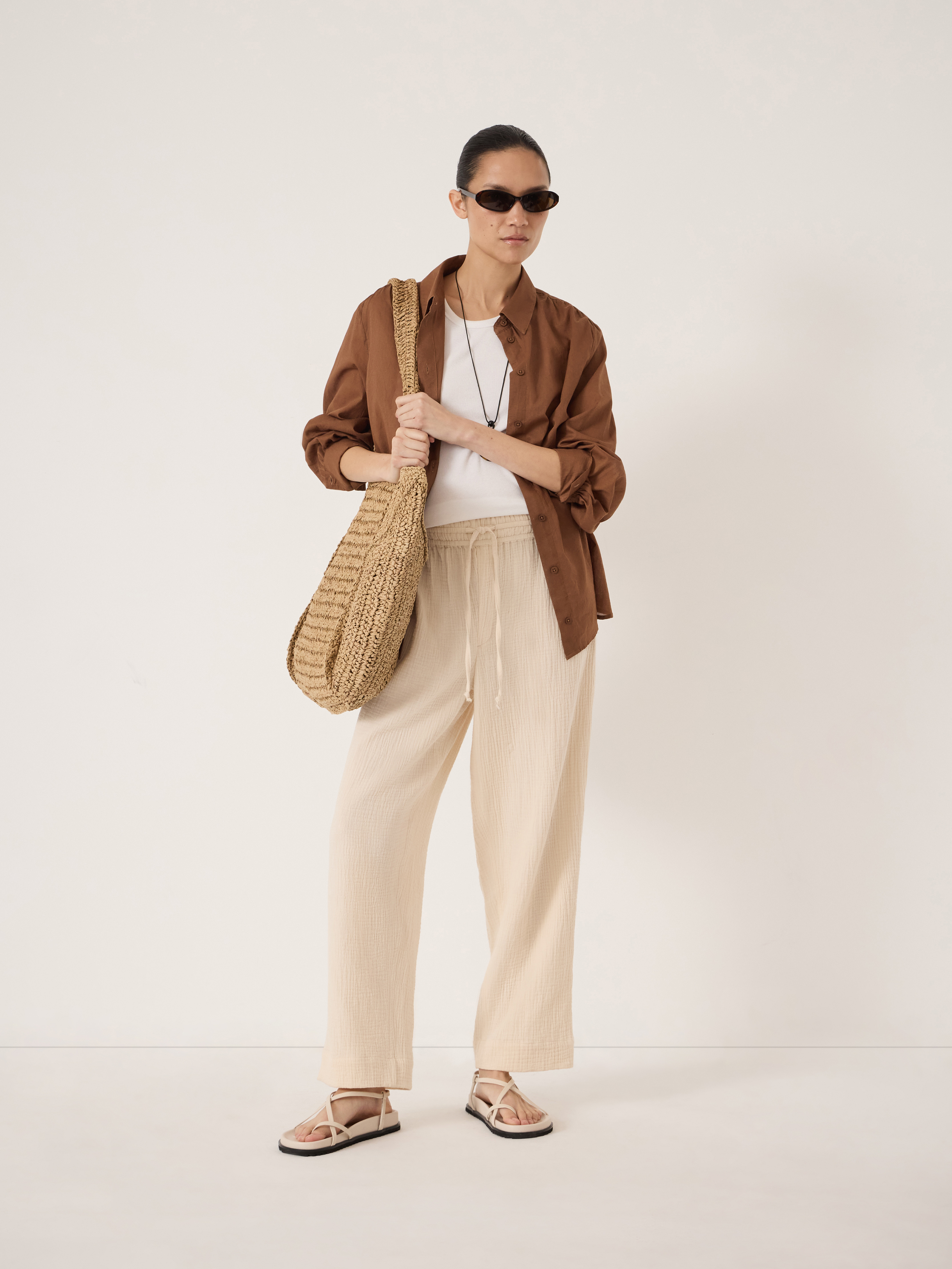 Cotton Cheesecloth Relaxed Easy Trousers - Almond Neutral | Hush