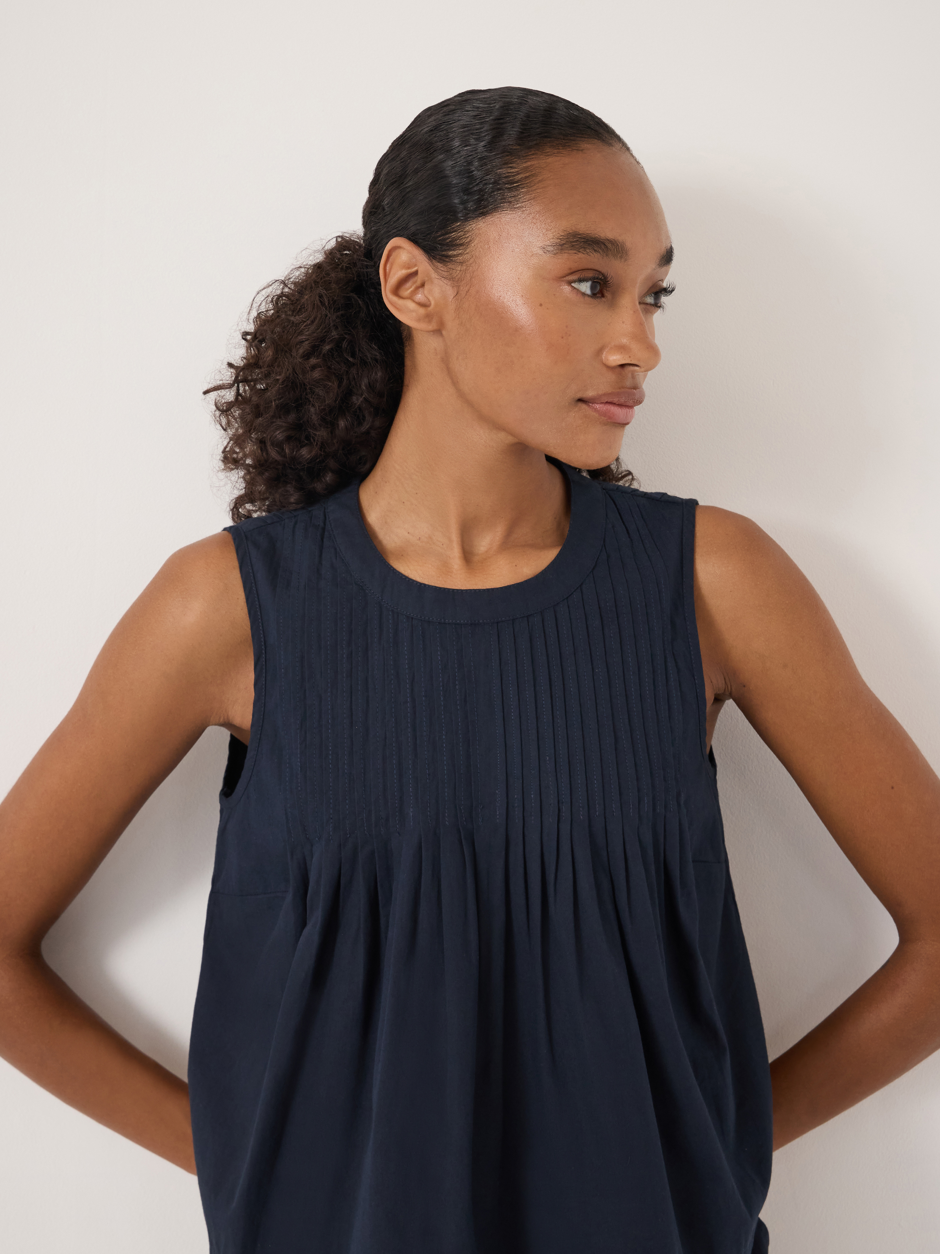 Arden Pin Tuck Detail Shell Top - Navy Blue | Hush