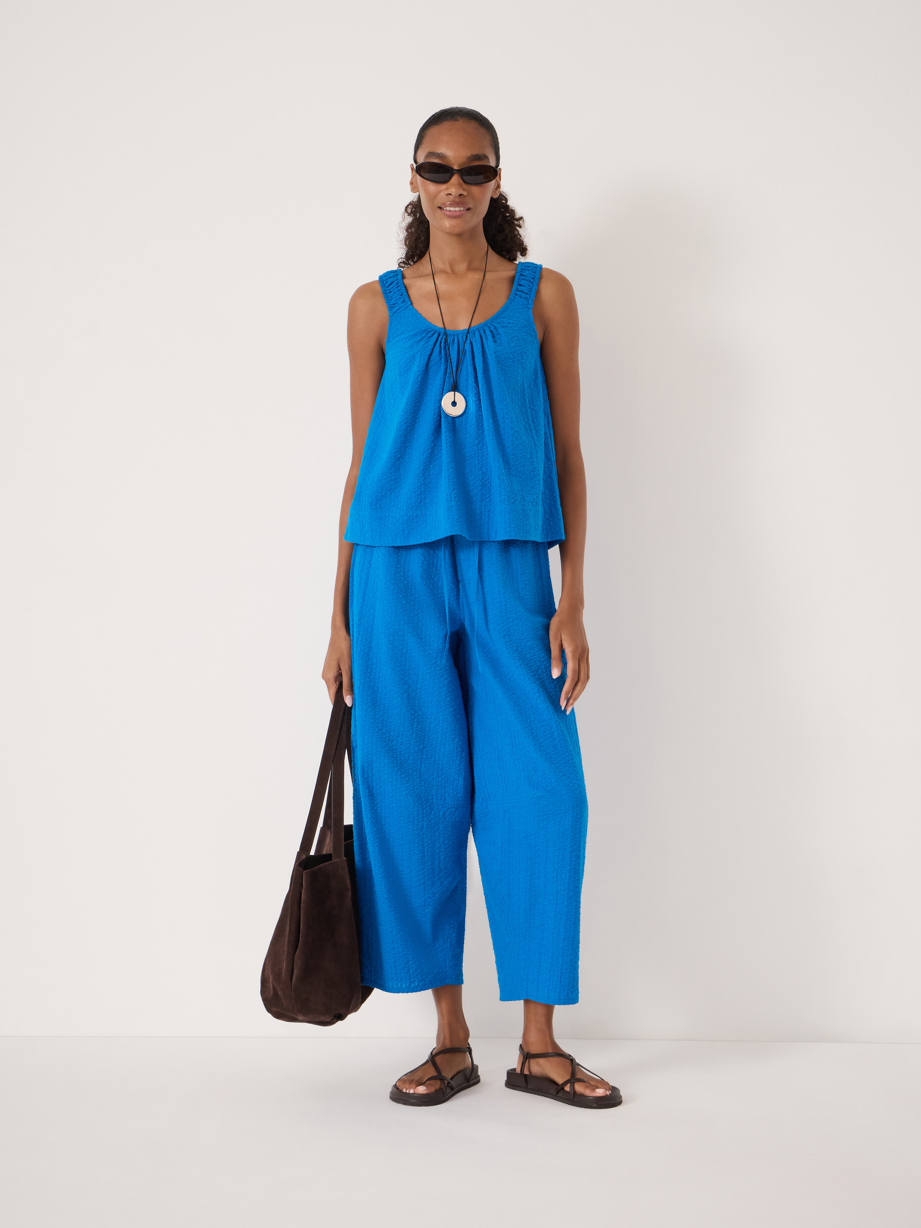 Lazra Gathered Strap Flared Cami Top | Sky Blue | hush
