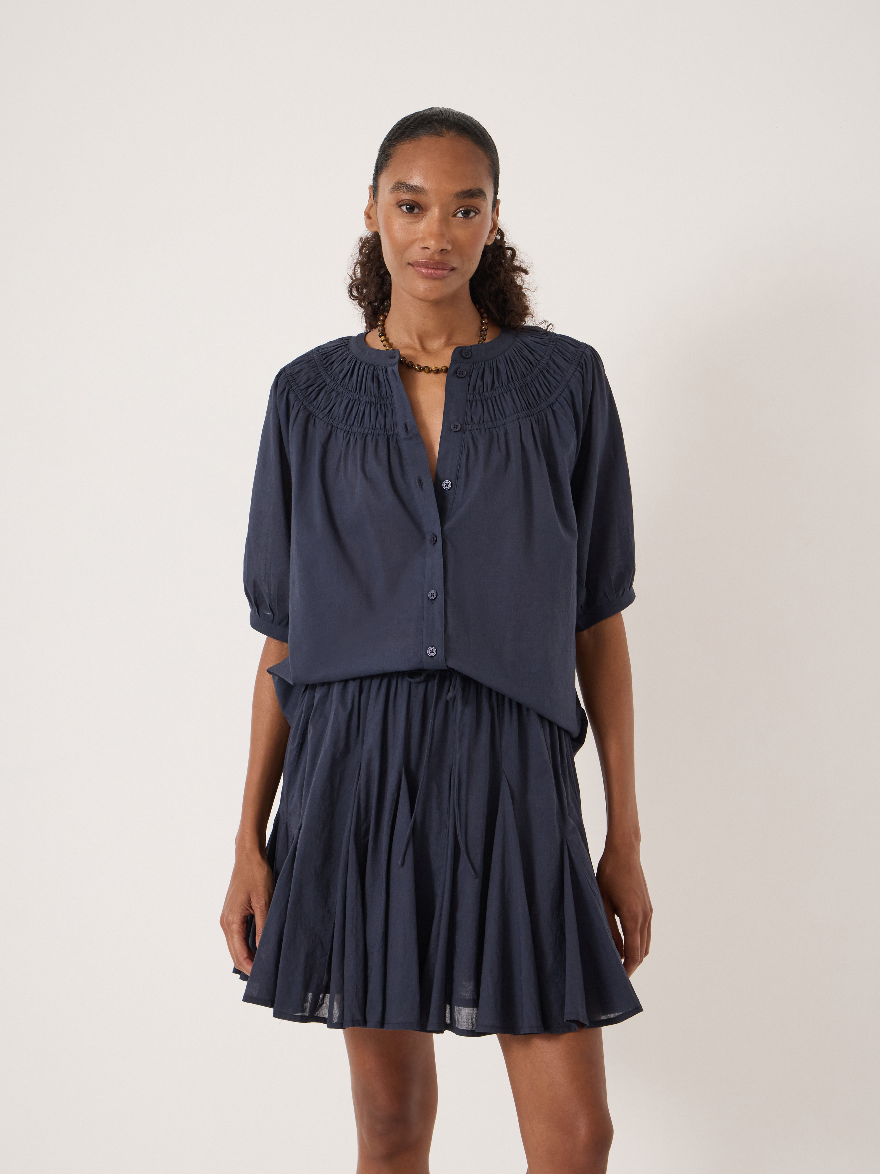 Dru Gathered Neckline Cotton Blouse | Navy | hush