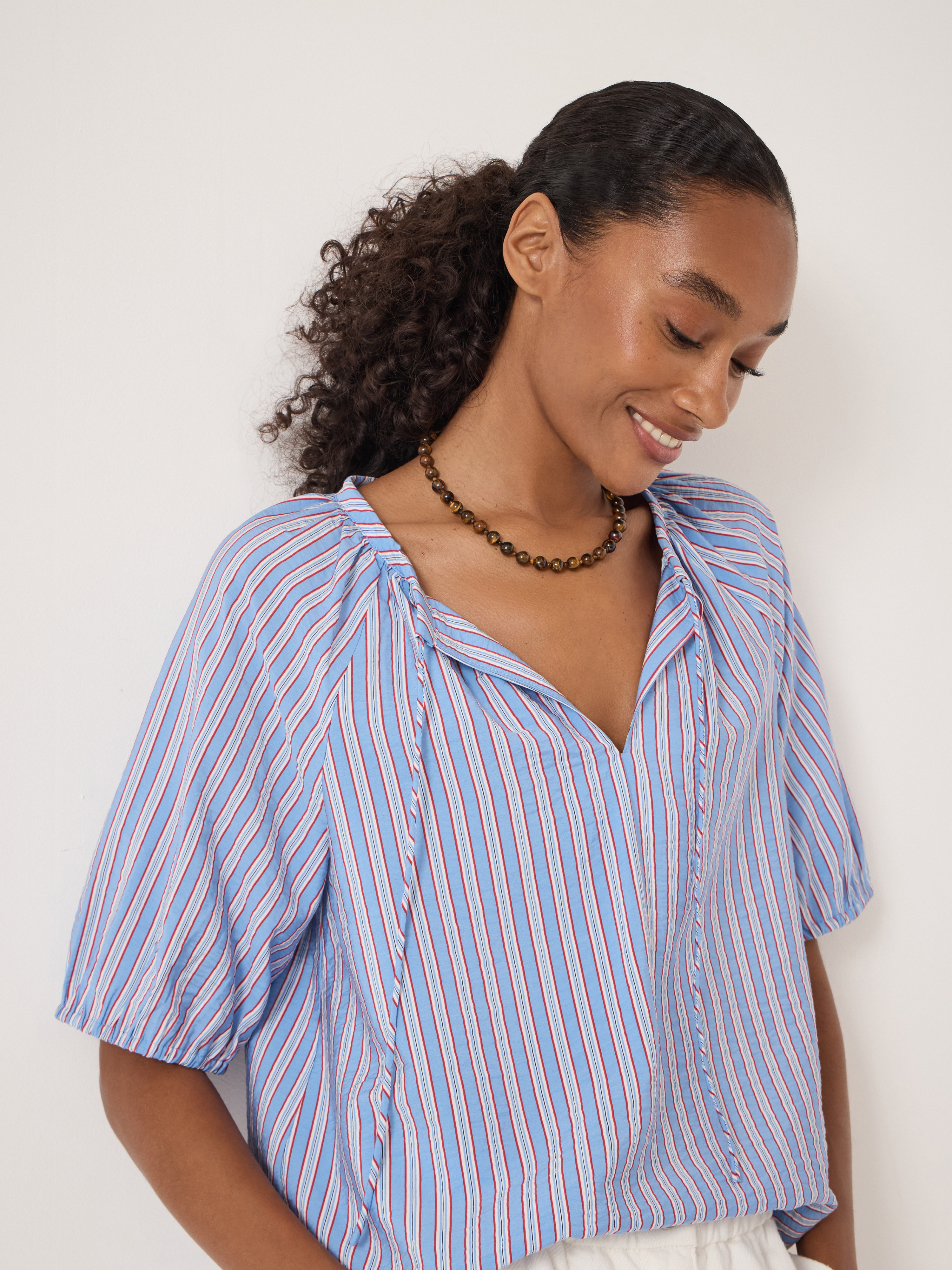 Beatrix Balloon Sleeve Blouse | Stripe Red & Blue | hush