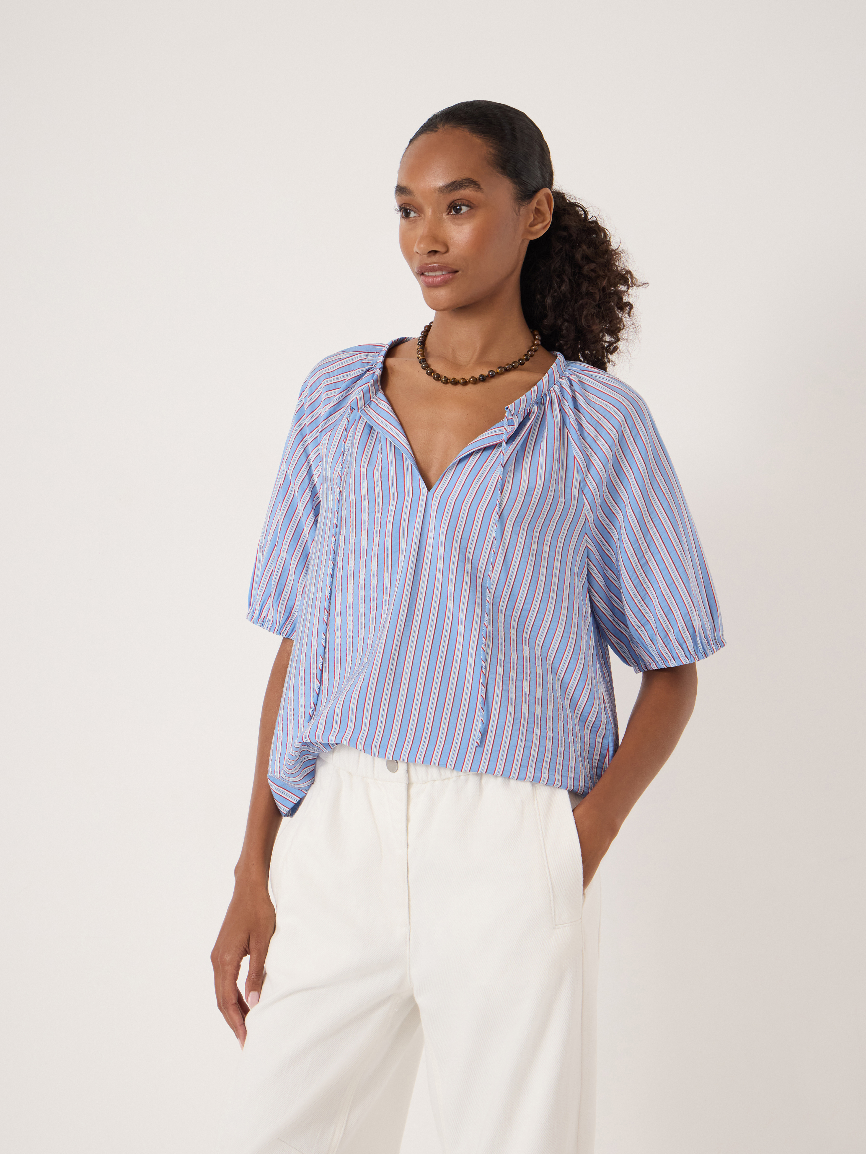 Beatrix Balloon Sleeve Blouse | Stripe Red & Blue | hush