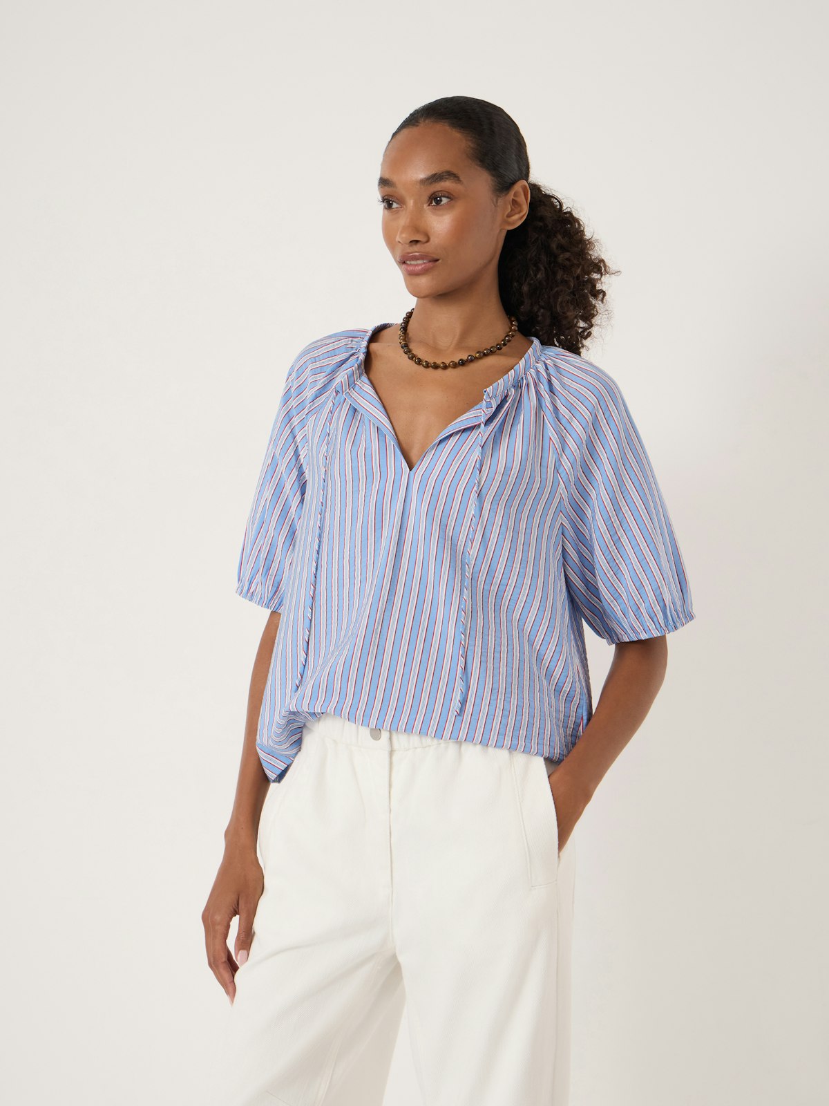 Beatrix Balloon Sleeve Blouse | Stripe Red & Blue | hush