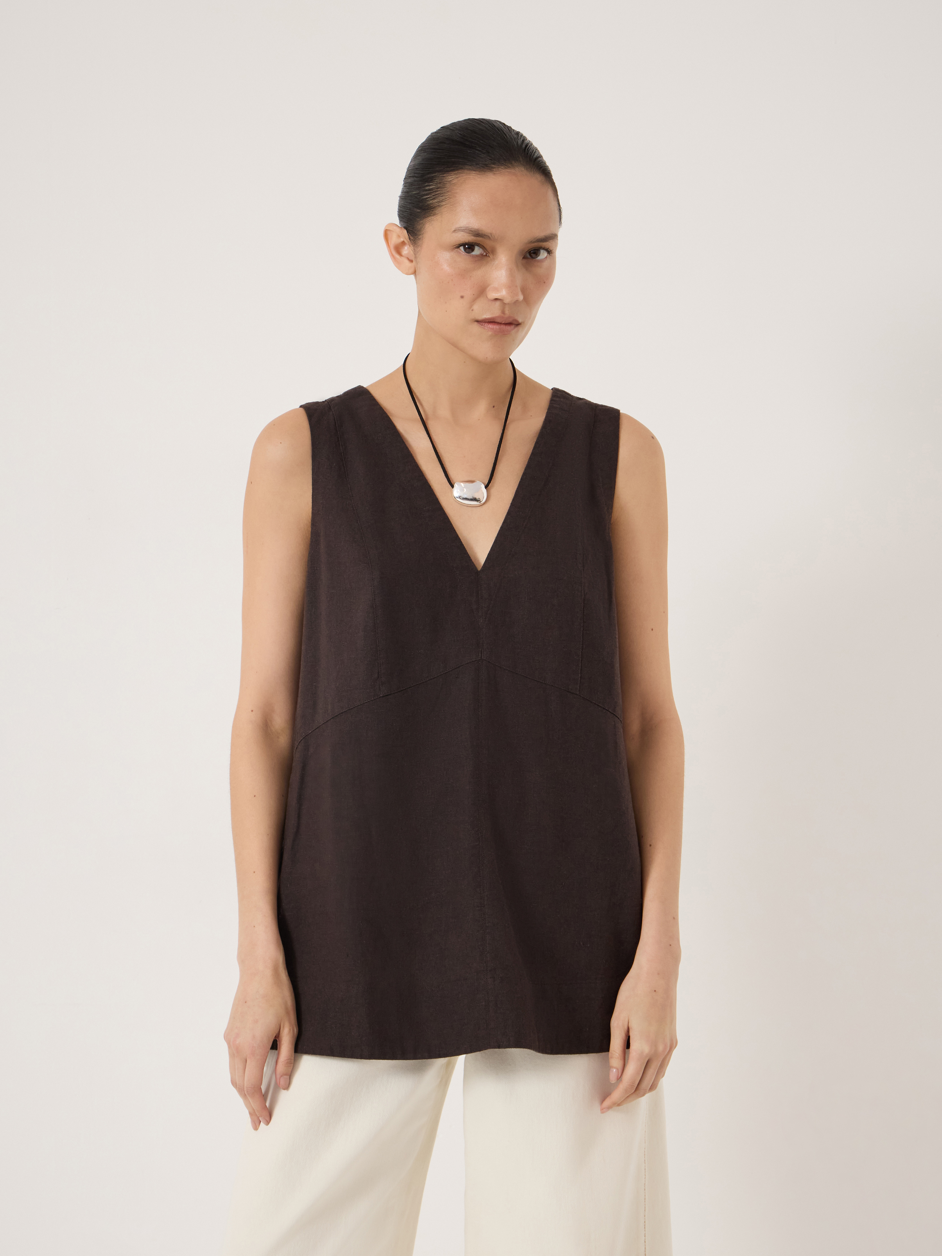 Rach V Neck Linen Blend Shell Top - Dark Brown | Hush