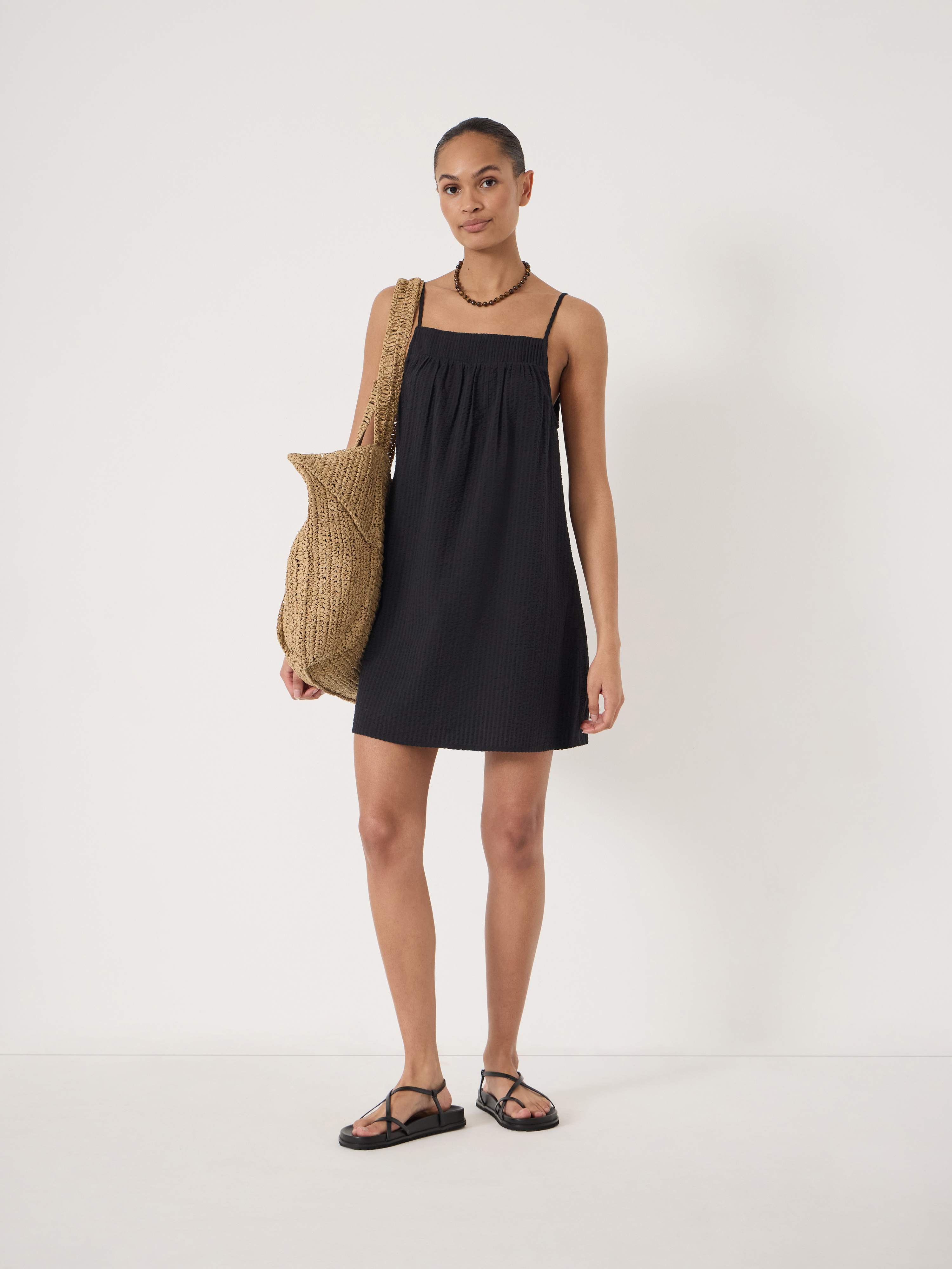 Carmen Seersucker Beach Mini Dress - Black
