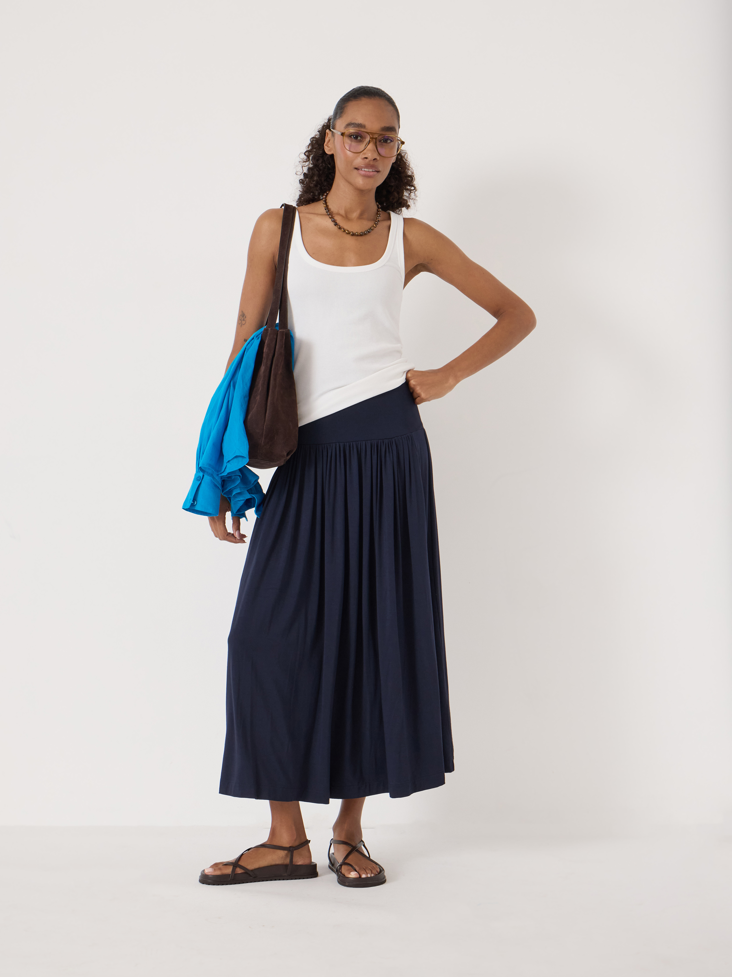 Orelie Drop Waist Jersey Midi Skirt - Dark Navy | Hush