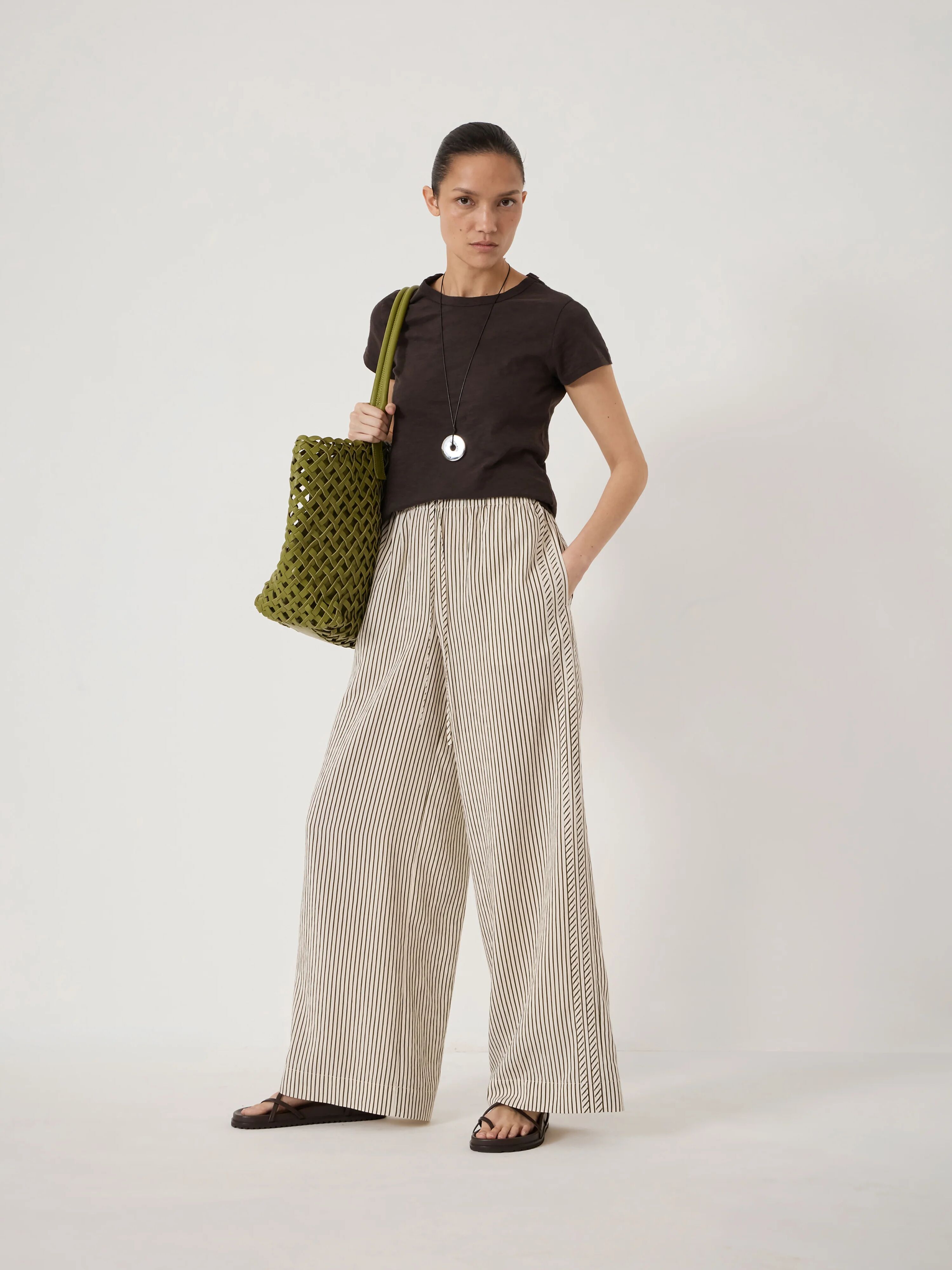 Sami Striped Side Detail Trousers | Green Stripe White | hush