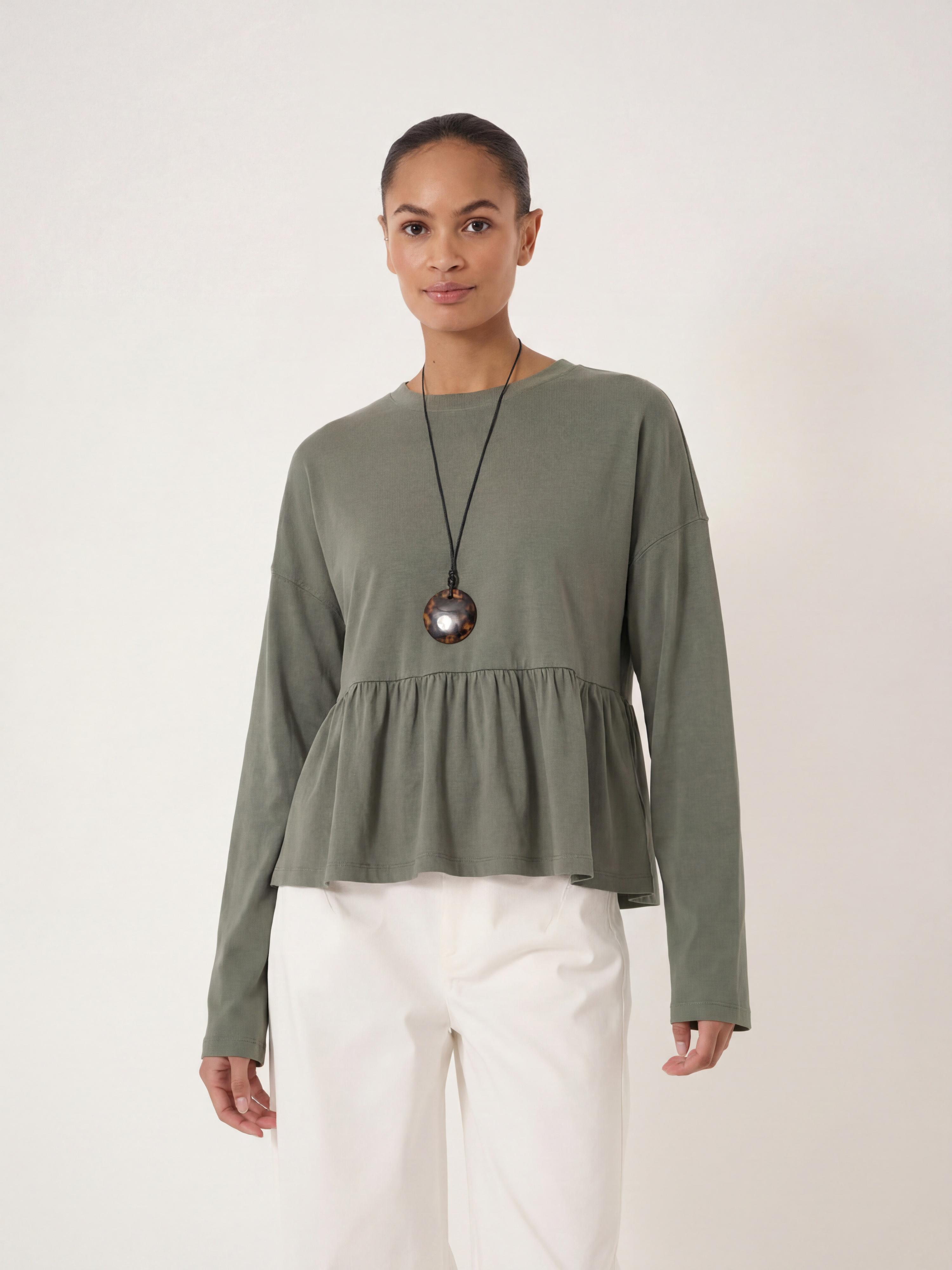 Sana Peplum Jersey Top - Khaki Green | Hush