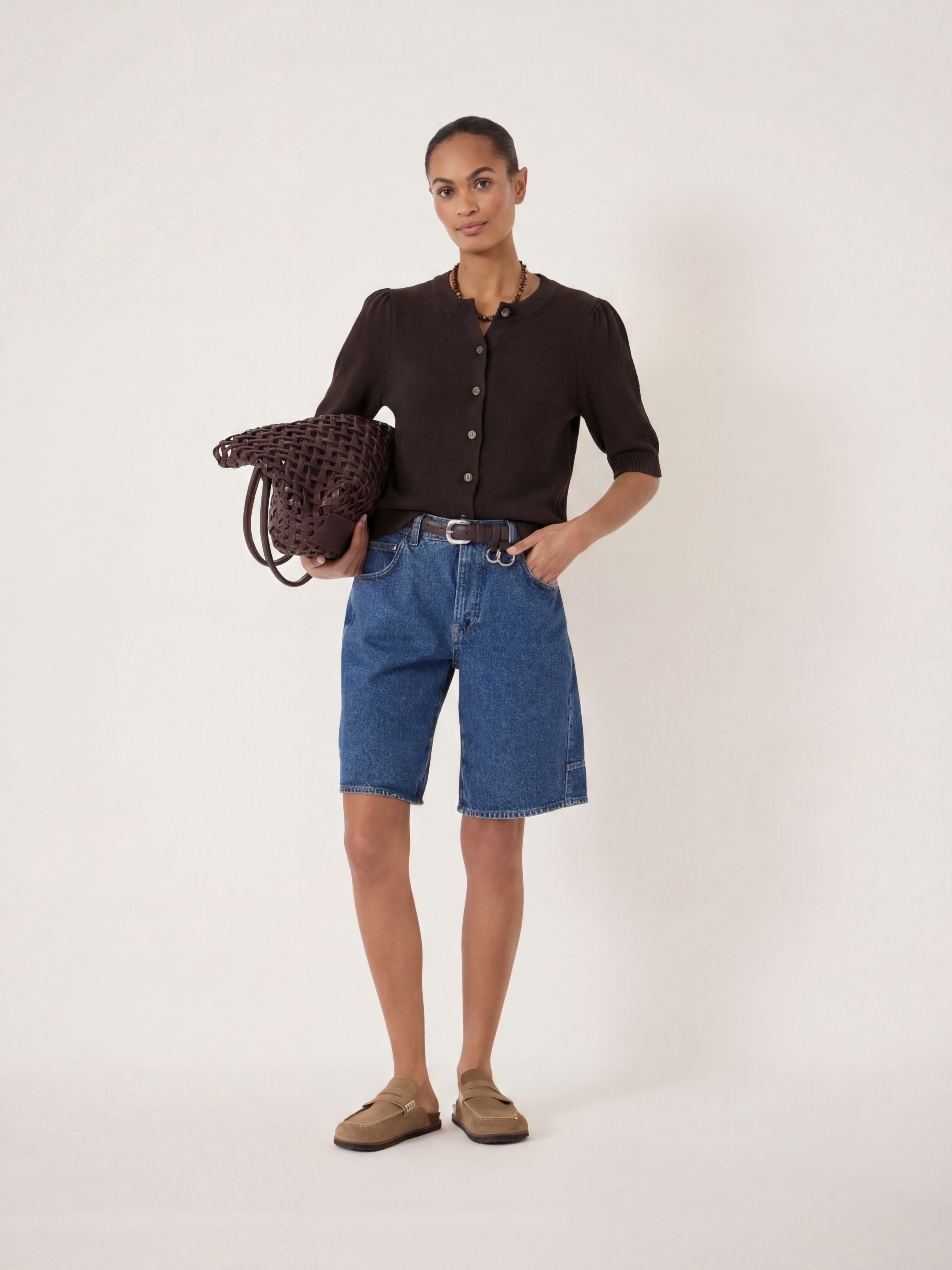 Celeste Short Sleeve Linen Blend Cardigan | Dark Brown | hush