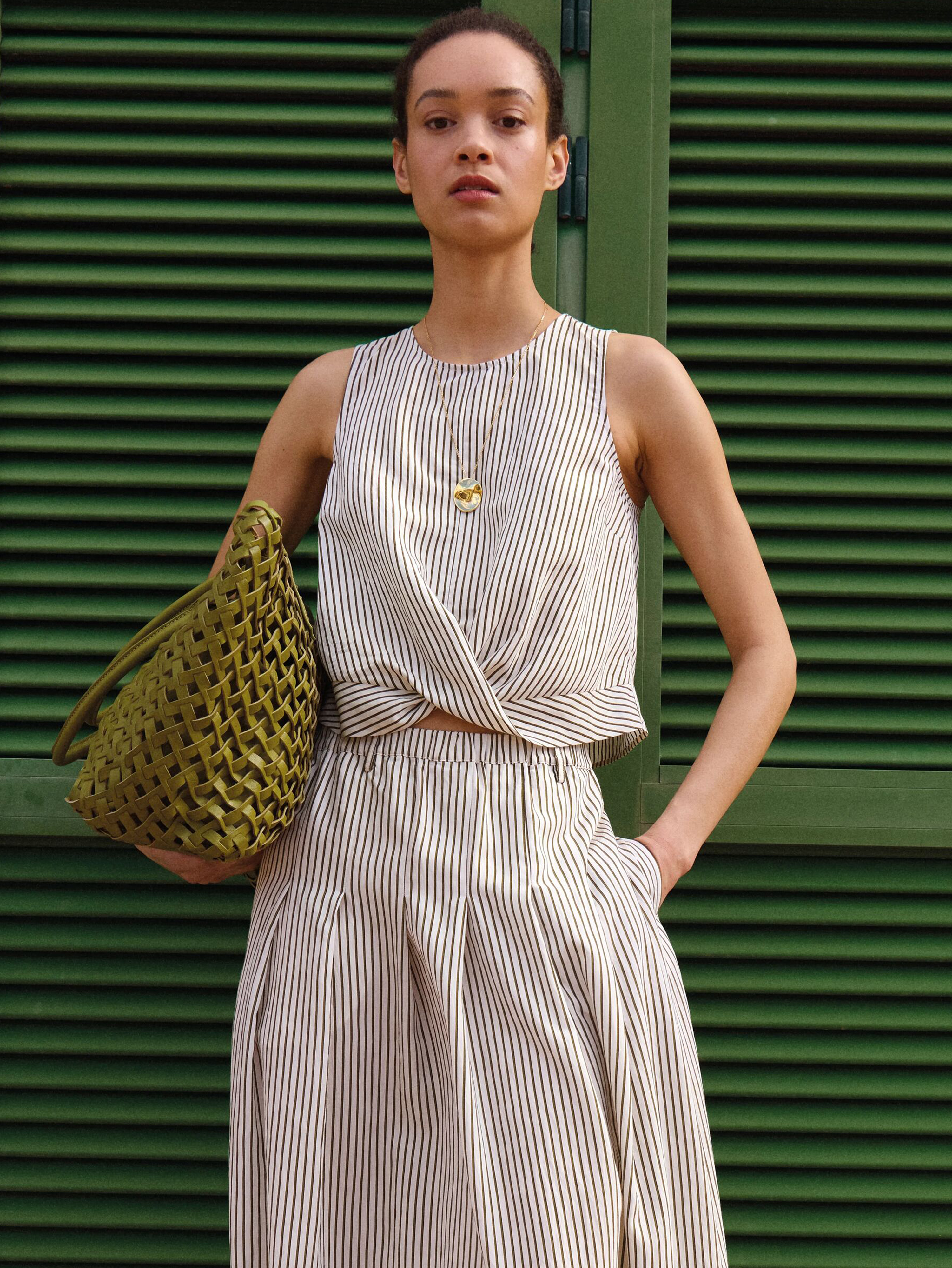 Maggie Stripe Twist Front Top | Green Stripe White | hush