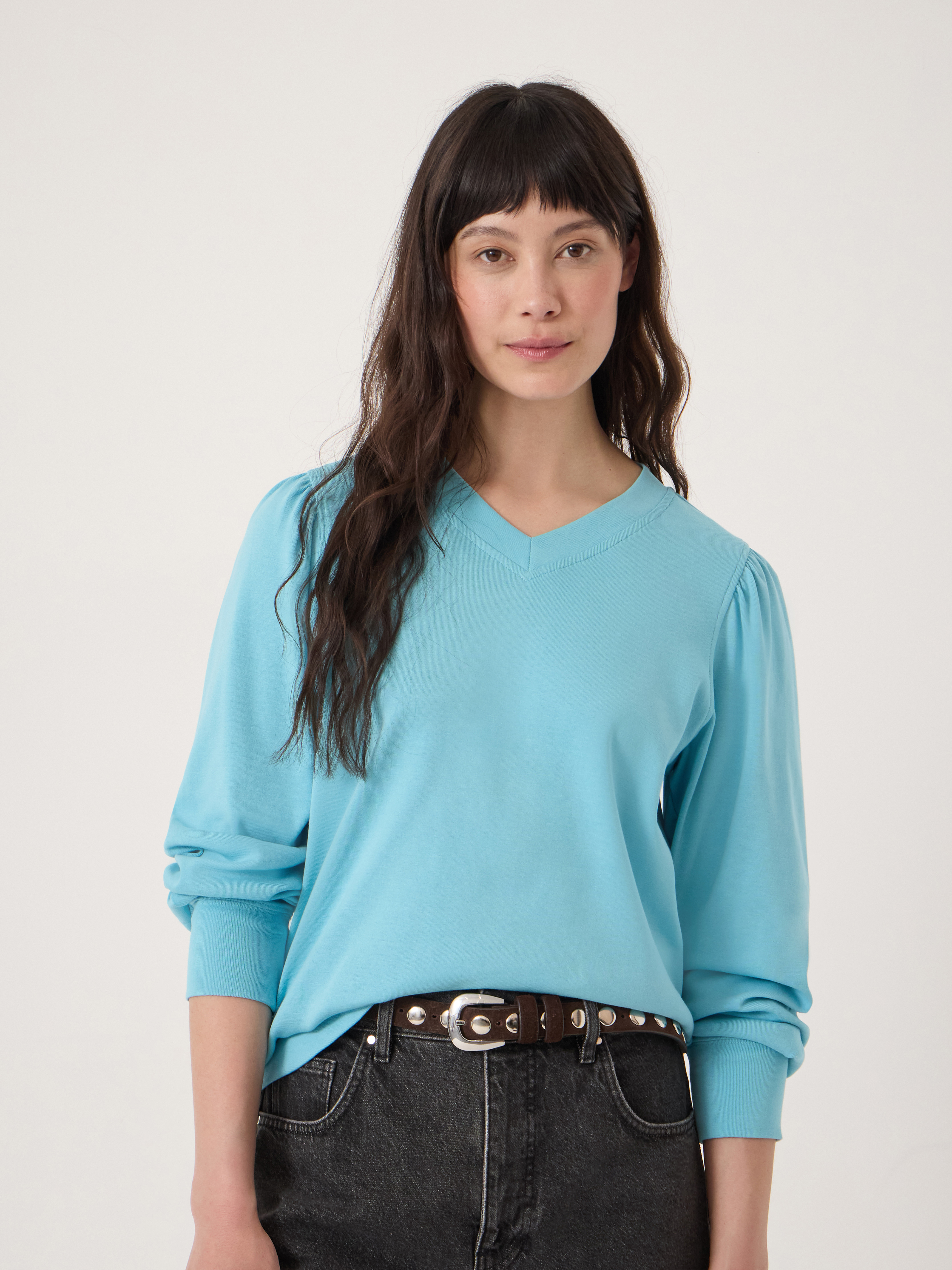 Emily V-Neck Puff Sleeve Top | Cabana Blue | hush