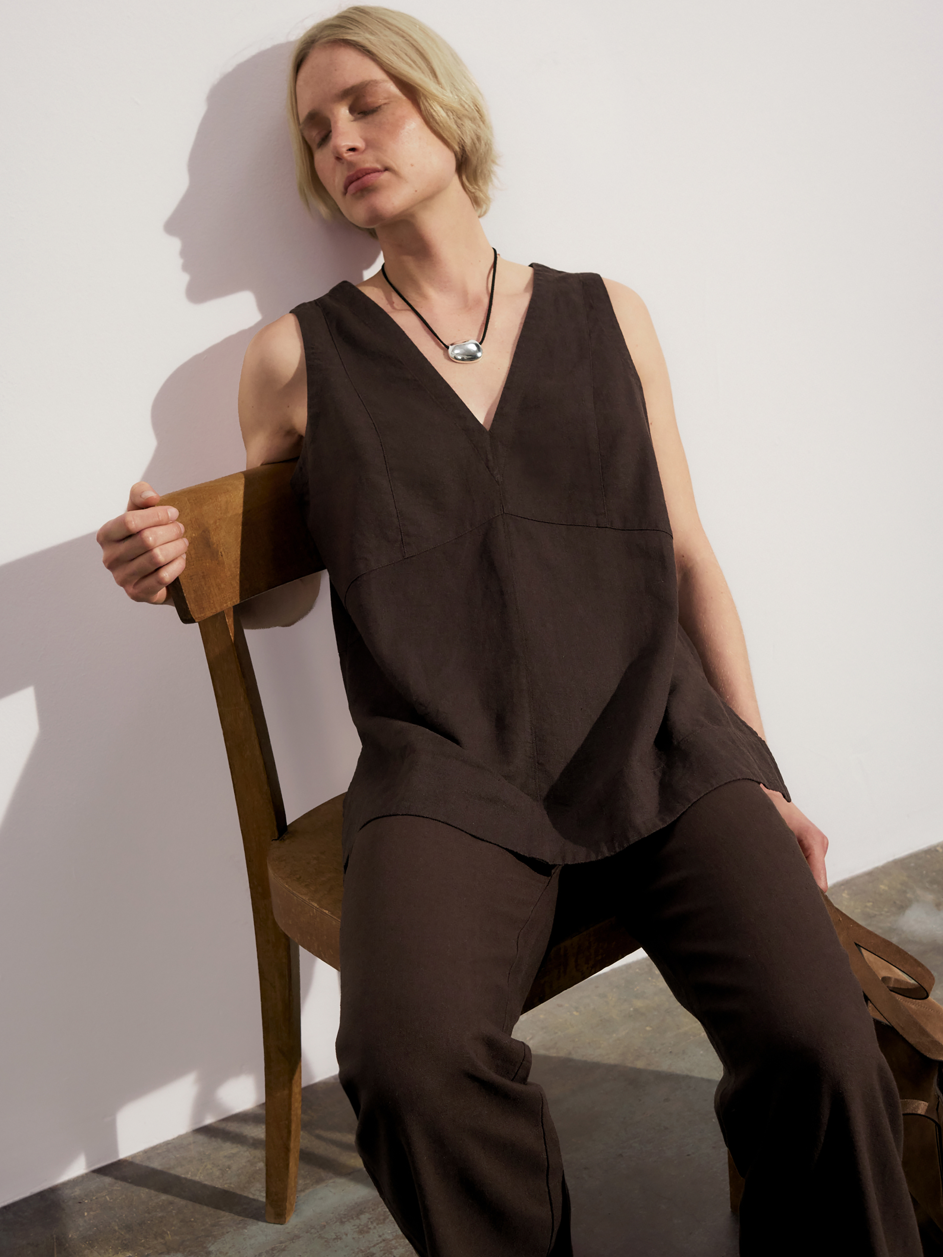 Rach V Neck Linen Blend Shell Top - Dark Brown | Hush