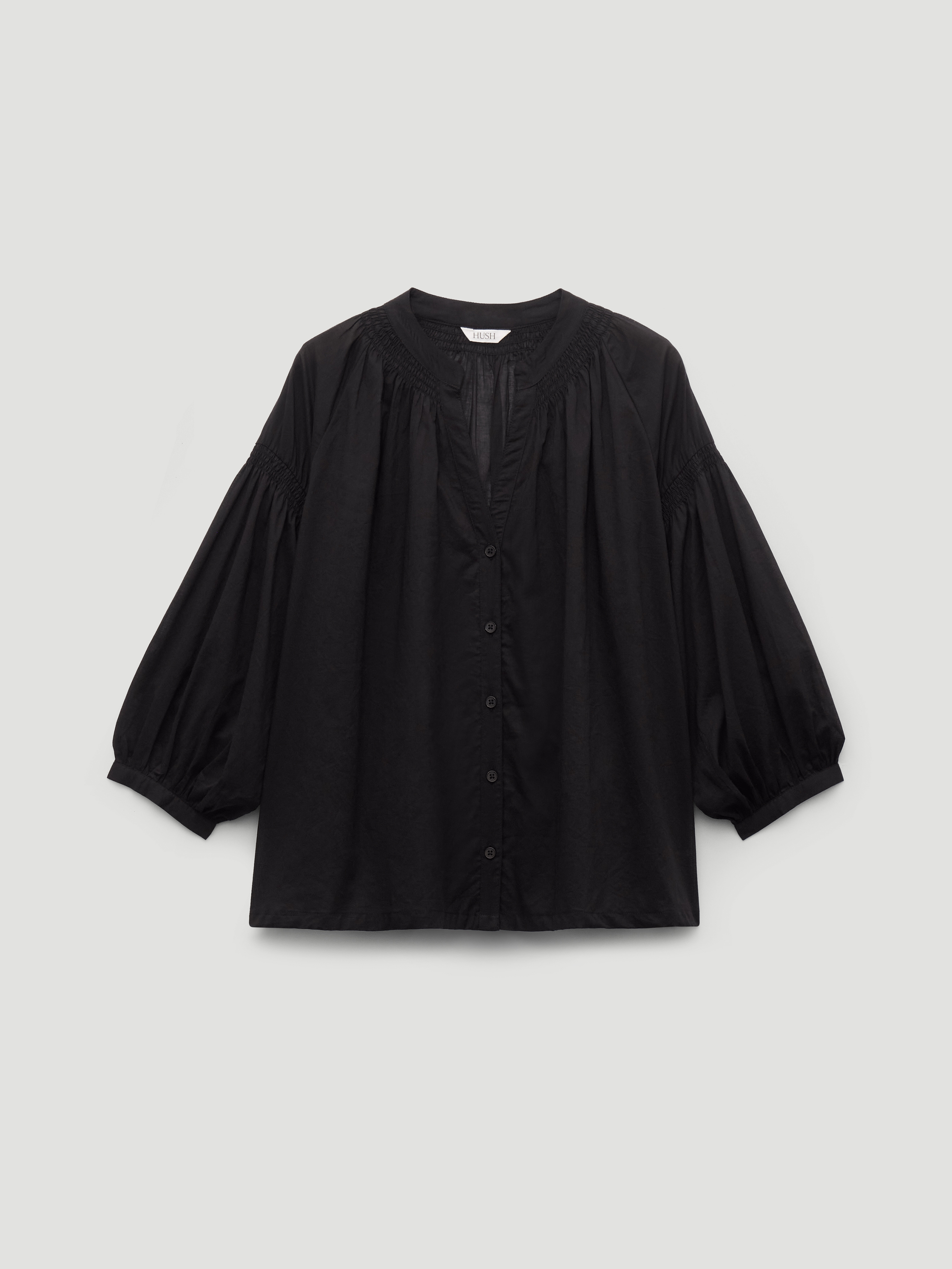 Mila Gathered Sleeve Cotton Voile Blouse - Black | Hush
