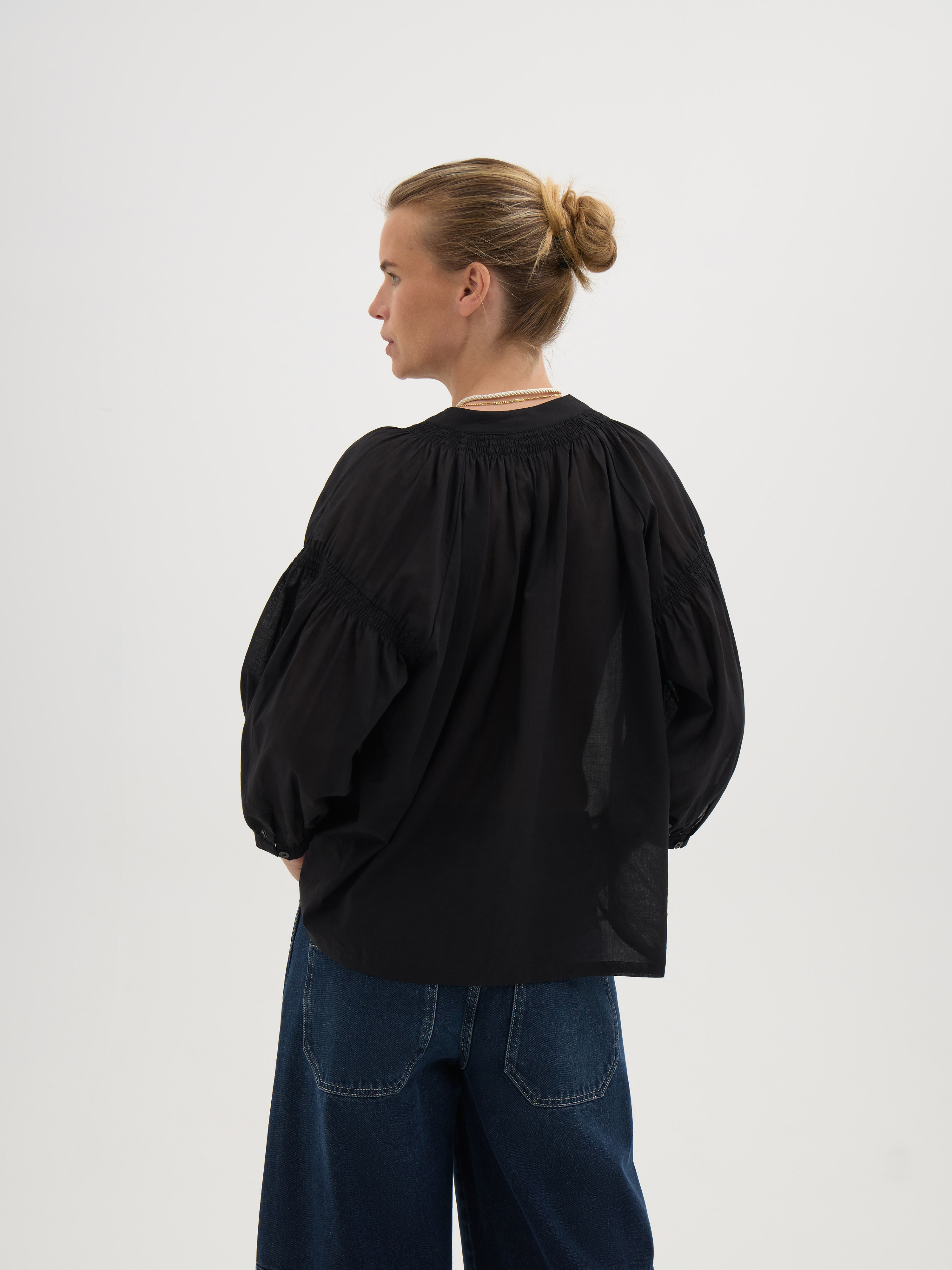 Mila Gathered Sleeve Cotton Voile Blouse - Black | Hush