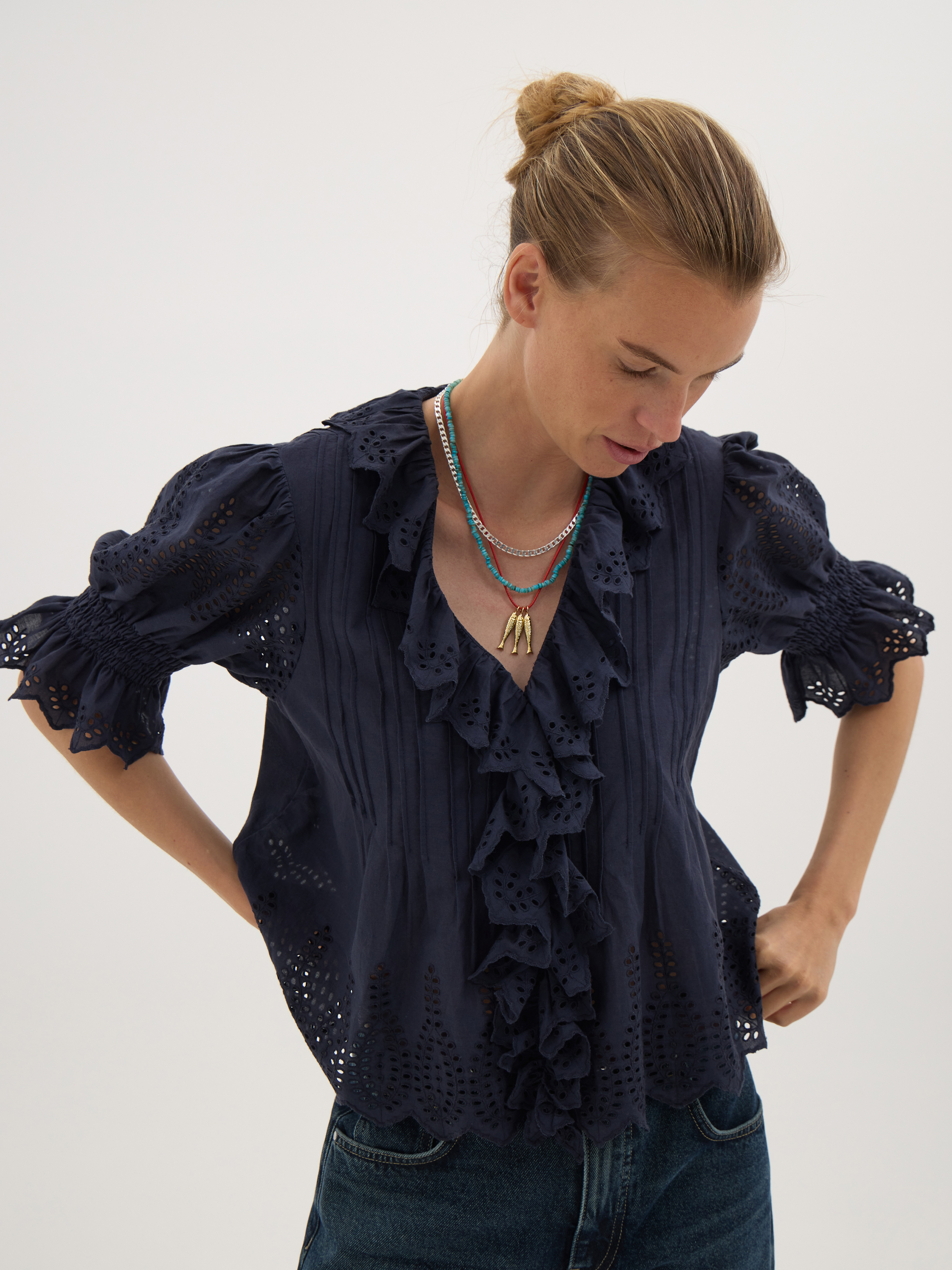 Koa Cotton Broderie Blouse - Navy Blue | Hush